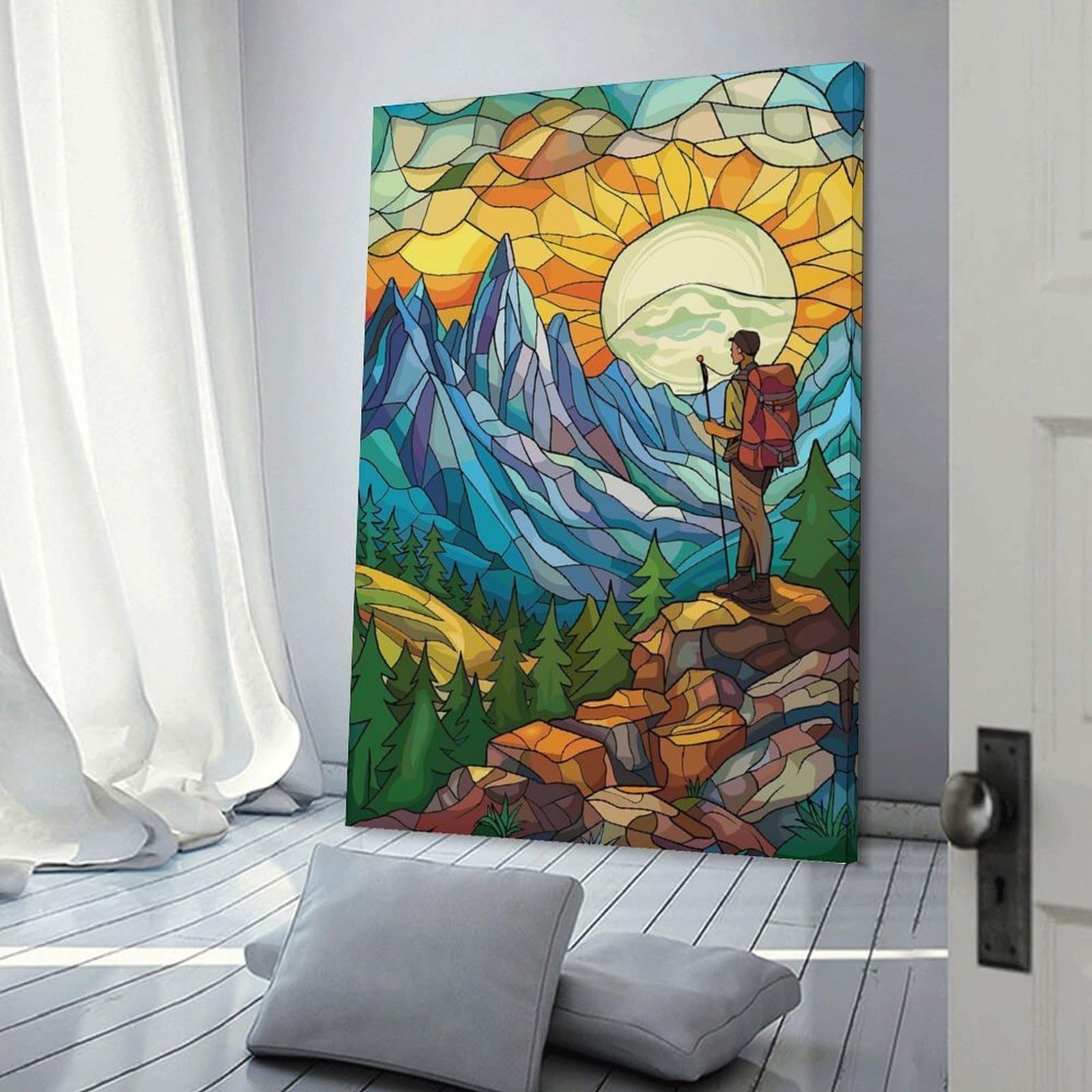 Junmoney Decorative Canvas Print Hiking Stained Glass, 24x36inch(60x90cm), for Office, Study Or Home Workspace, Decorative Artwork for Productive Spaces
