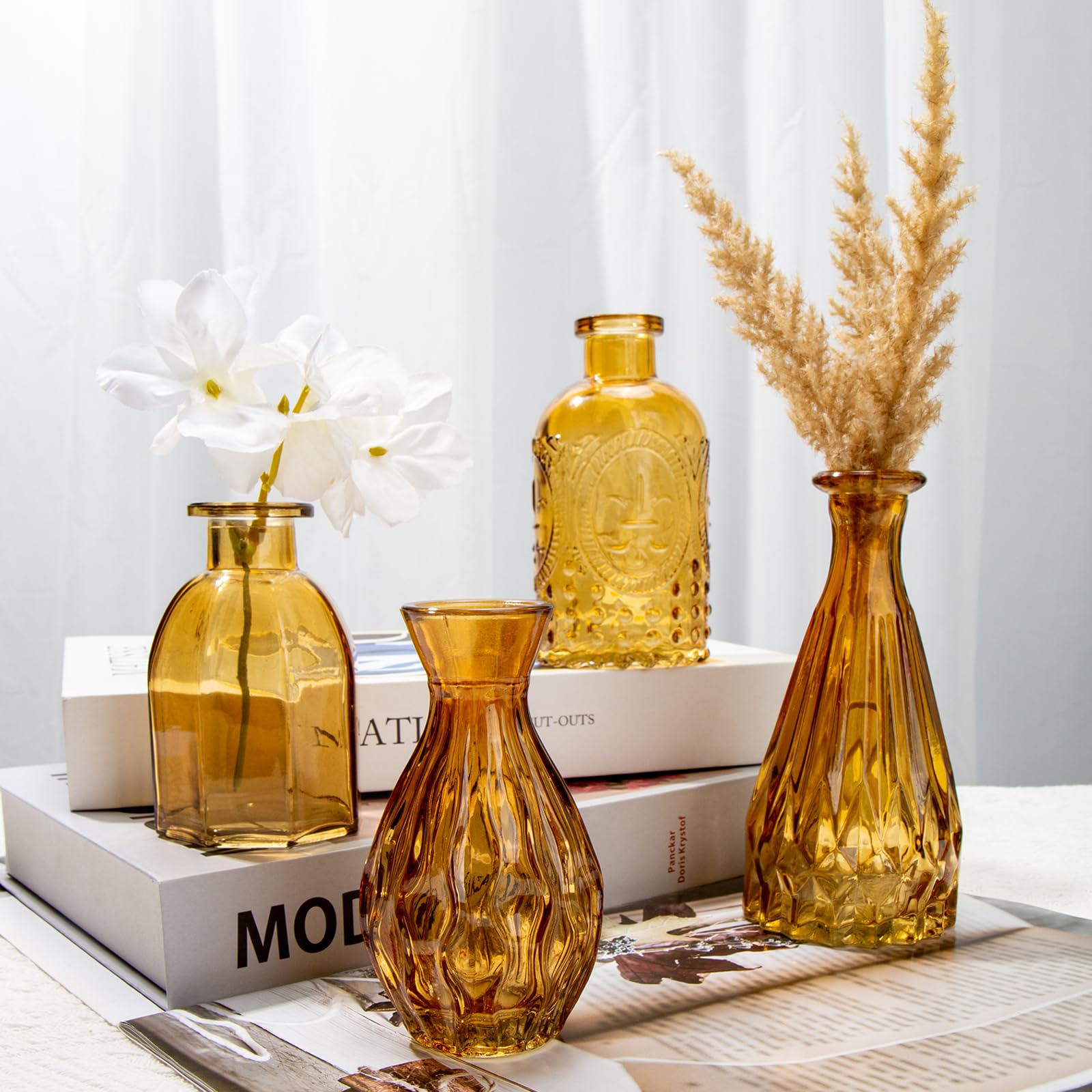 Oairse Amberkleurige glazen bud vaas, set van 20 - Mini vintage fles voor bloemstukken, bruiloft tafeldecoratie, woondecoratie