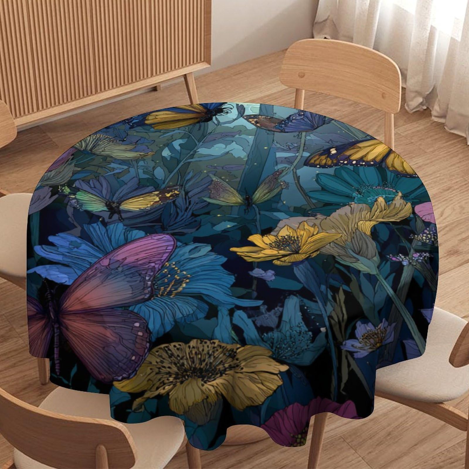 LUYYSKY Beautiful Watercolor Spring Garden Round Tablecloth Fantasy Abstract Natural Full Moon Animal Butterflies Print Washable Decor for Table Cover for Kitchen-91.4" Wx91.4 L cm