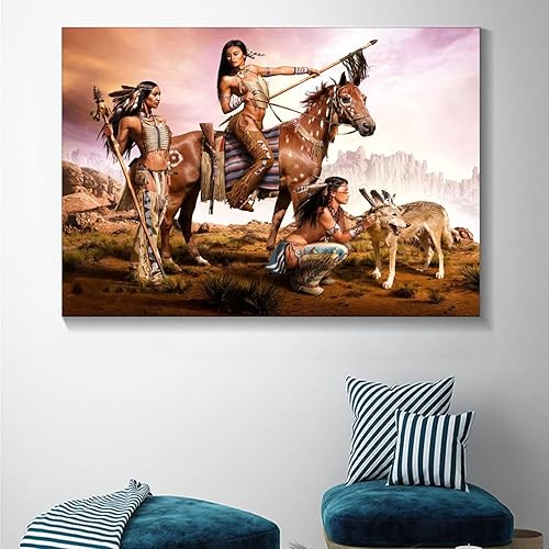 Miniatura 5 de Zbin Arte de pared nativo americano, tribal, indio, mujeres, guerreras, caballo y lobo, póster impreso en lienzo para decoración del hogar, pintura,