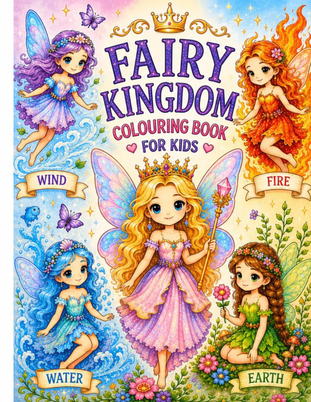 Fairy Kingdom: A Magical Colouring Book for Kids Ages 3-8 - 50 Enchanting pretty princess coloring book with Fairies of Earth, Wind, Fire, Water & Their Queen (Fairy Kingdom Colouring Books)