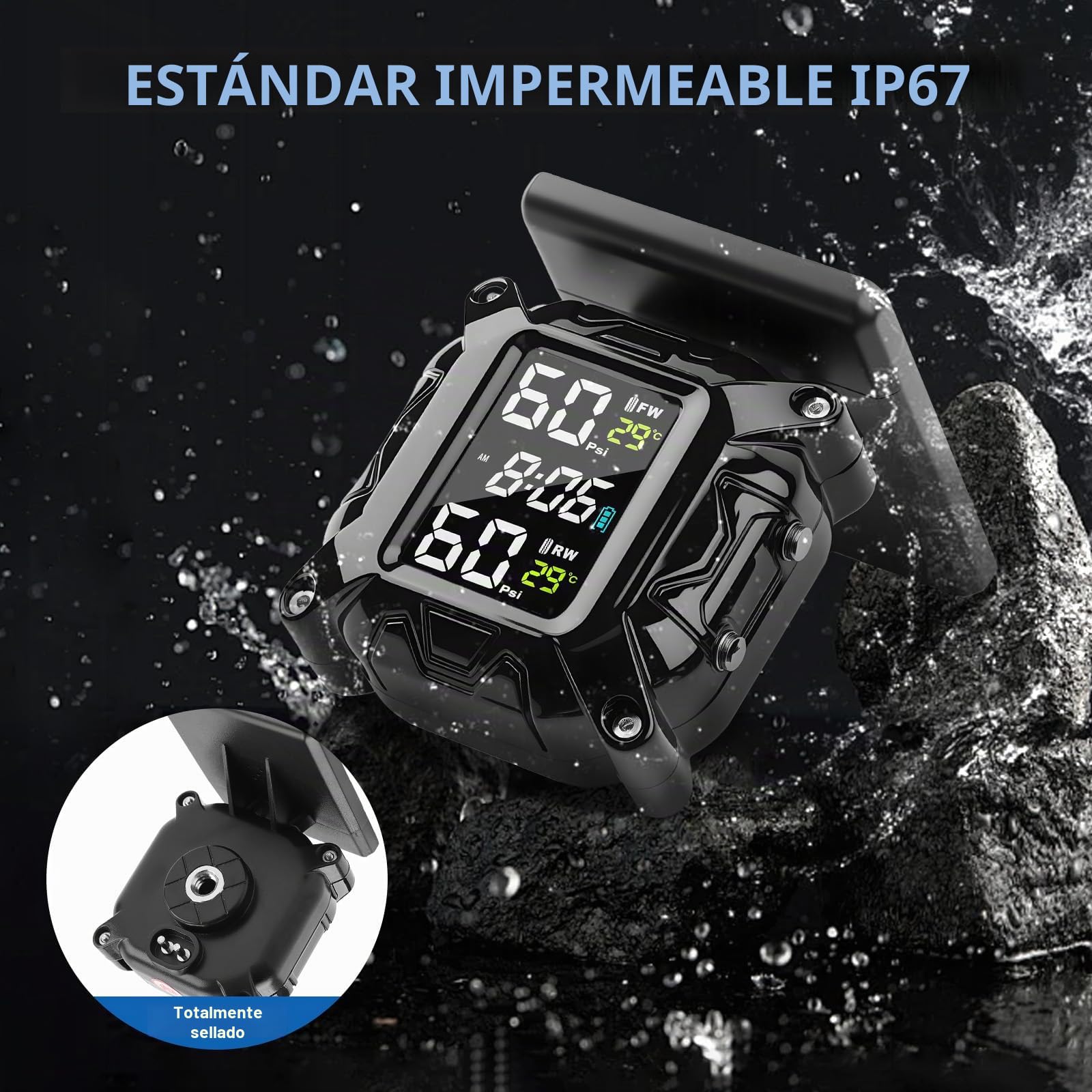 Sistema de monitoreo de presión de neumáticos TPMS para motocicleta, sensor de presión de neumáticos inalámbrico, 5 modos de alarma, carga magnética USB/solar, diseño impermeable IP67, con 2