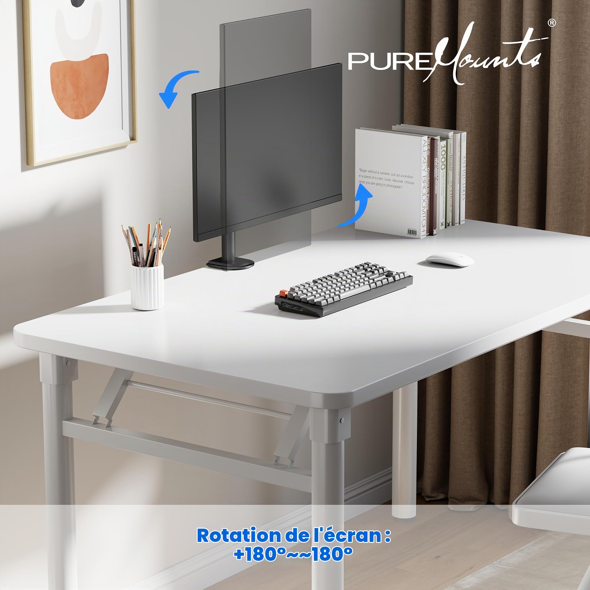 PureMounts Support de Moniteur, Support de Moniteur pour 1 écran, 17 à 32 Pouces, réglable en Hauteur, inclinable, pivotant, VESA 75 et 100, Support de Bureau, Support d'écran, Noir