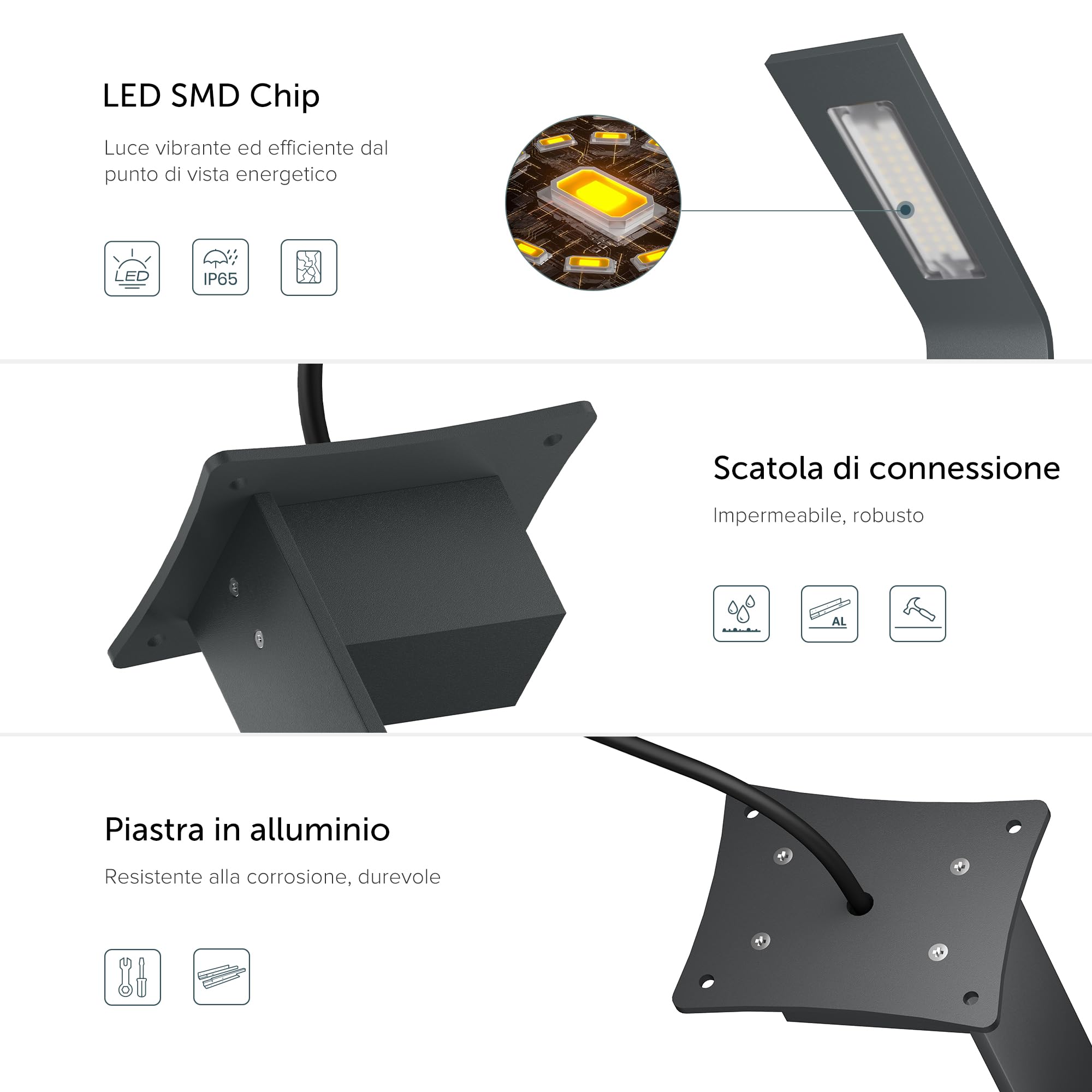 doporro Lampione da Giardino 80 cm IP65 con LED 6W 3000K – Paletto Luminoso da Esterno in Alluminio Grigio Scuro per Sentieri, Vialetti, Terrazze e Cortili, Design Moderno | Lampada da giardino per esterni, 3000 K, luce bianca calda, 128 x 98 x 808 mm, gr