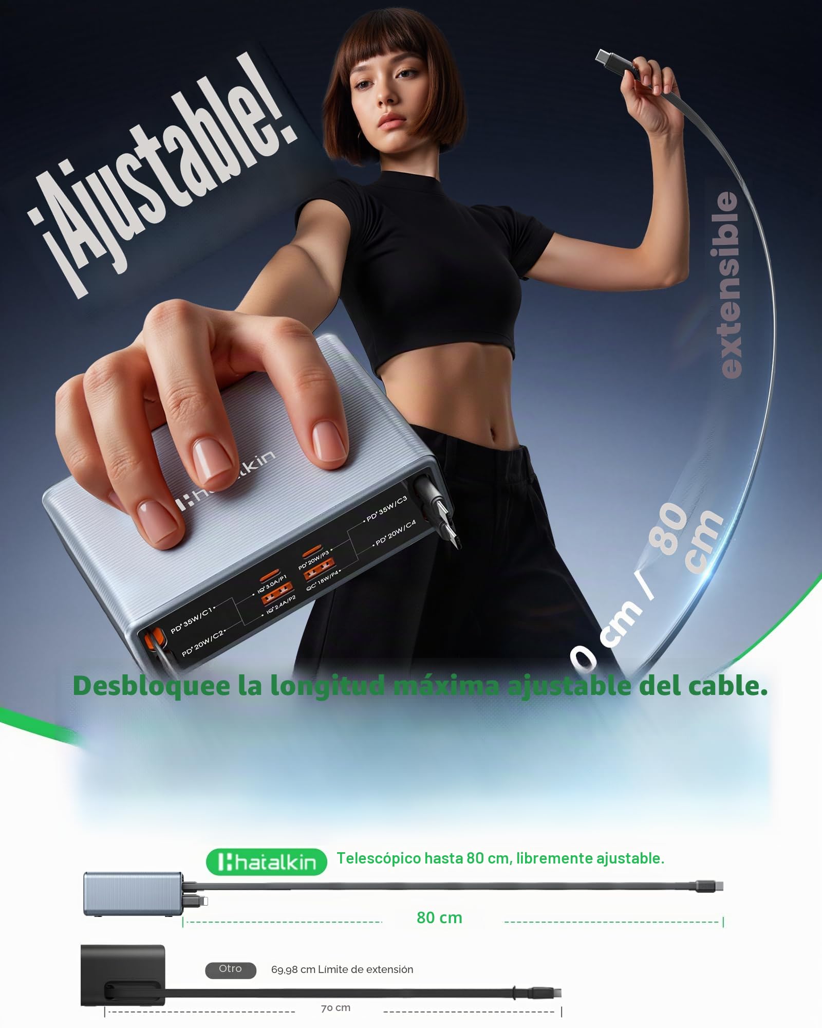HATALKIN 105W Cargador USB C Carga Rapida con Cable Retráctil, Estación de Carga GAN con 8 Puertos, Cargador USB Multiple Compatible con MacBook, iPad, Galaxy S26/25 Series, iPhone 17/16/15 Series