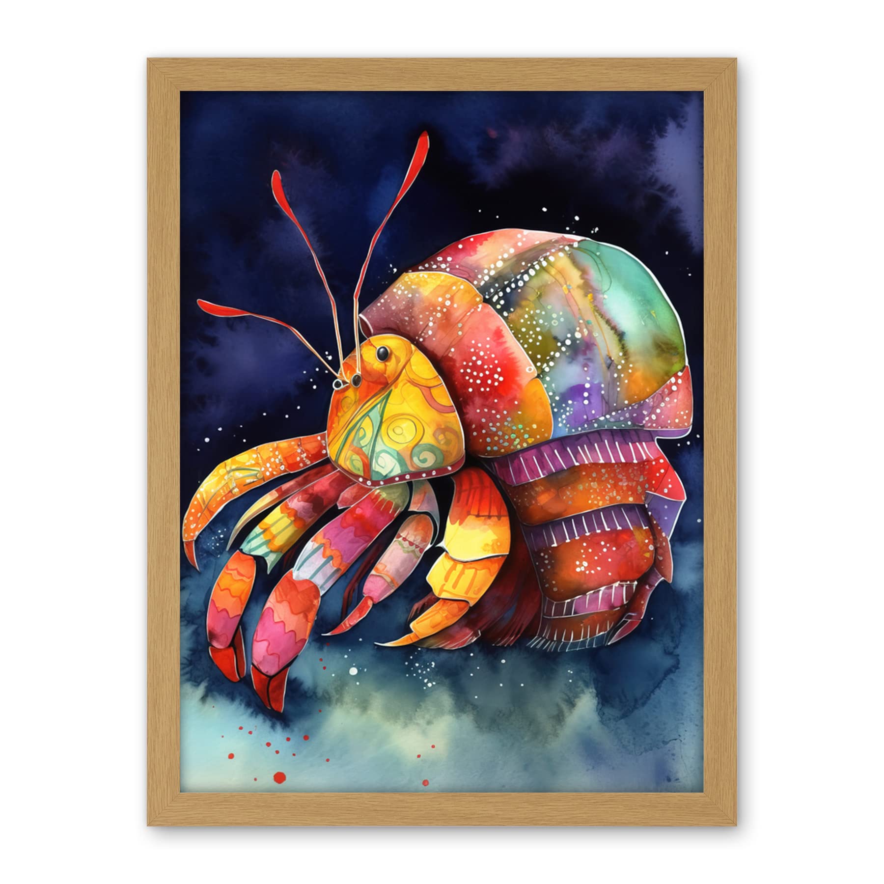 Artery8 Hermit Crab Vibrant Folk Art Watercolour Painting Artwork Framed Wall Art Print 18X24 Inch