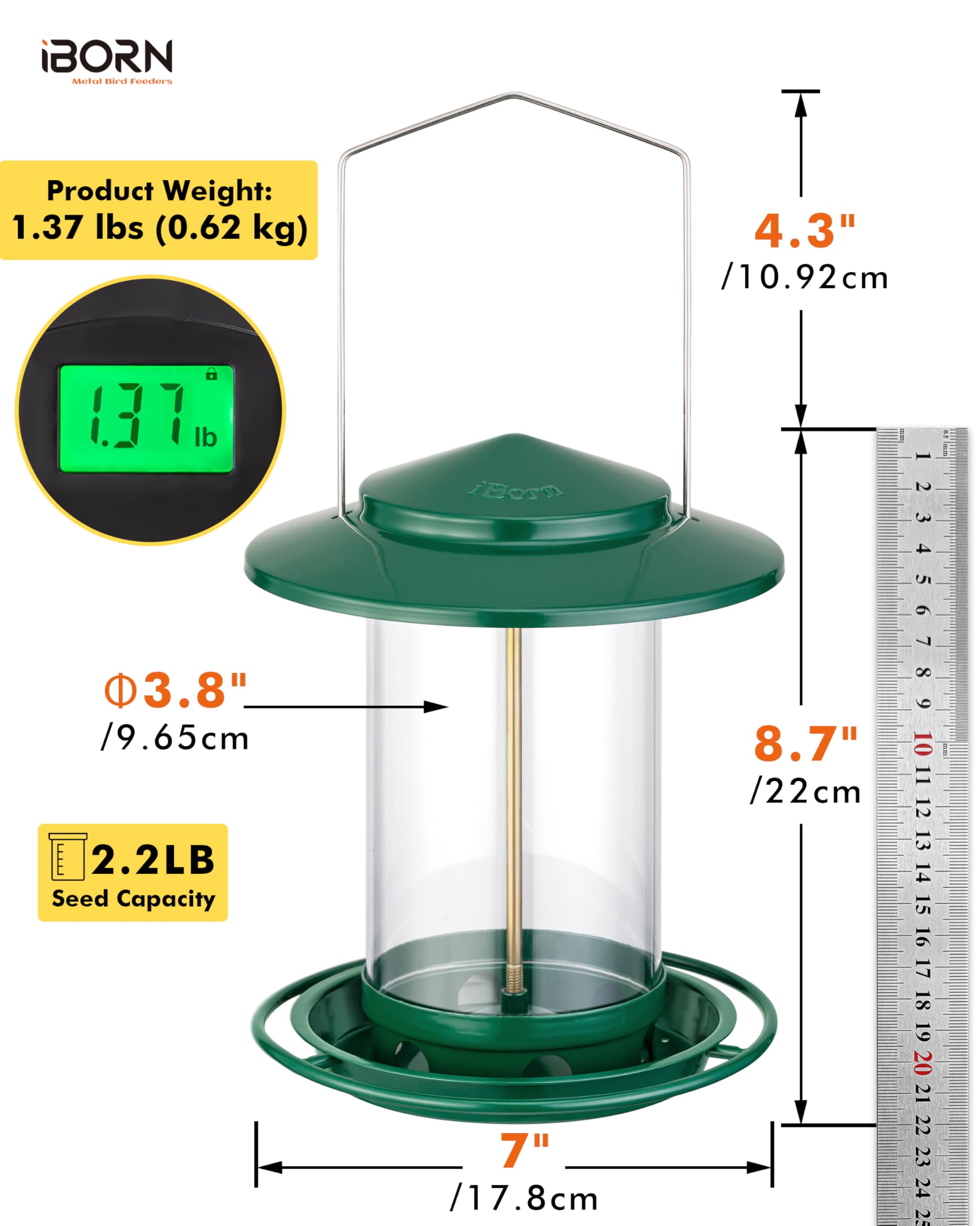 iBorn Mangiatoia per uccelli in metallo da appendere all'aperto, mangiatoie per uccelli selvatici per cardinali, 18 cm, grande tetto e vassoio verde a 6 porte (semi non inclusi)