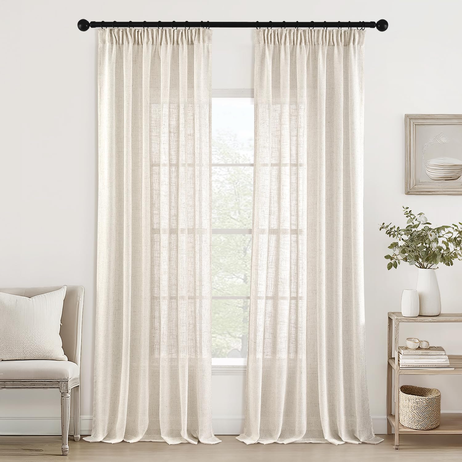 MIULEE Gardinen Vorhänge mit Kräuselband Schlaufenschal Voile Vorhang Modern Leinenoptik Halbtransparent für Wohnzimmer Schlafzimmer Schiebevorhang 2er Set Stores Natural Weiß 245x140 cm