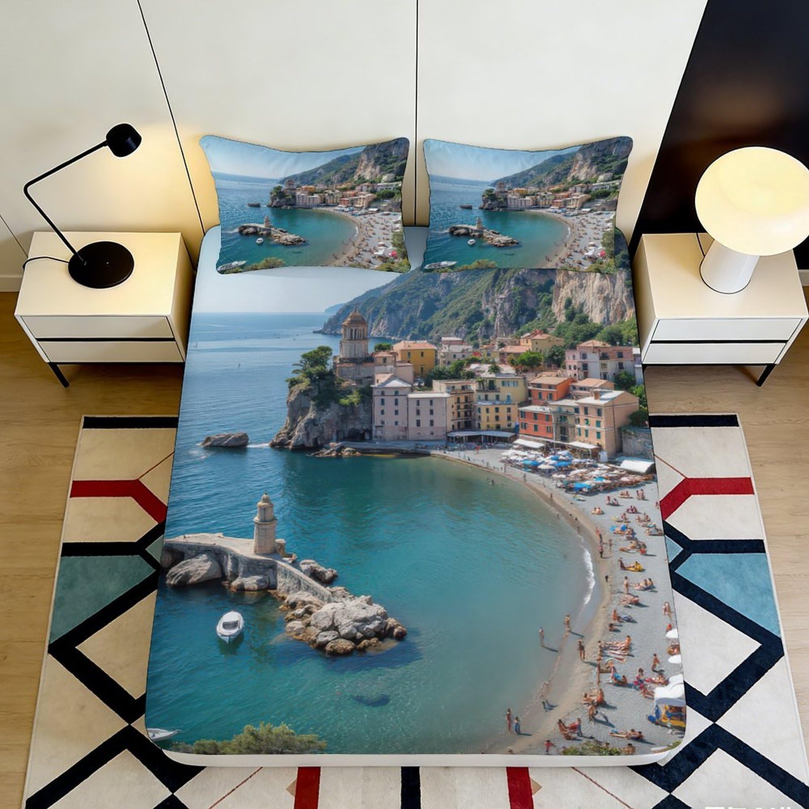 Jqzkxnhpbr Style-9 3D Printed Mediterranean Coast Fitted Sheet Microfiber Soft Scenic Village Bed Cover For Bedroom Guest Room Decor 90X200x25cm
