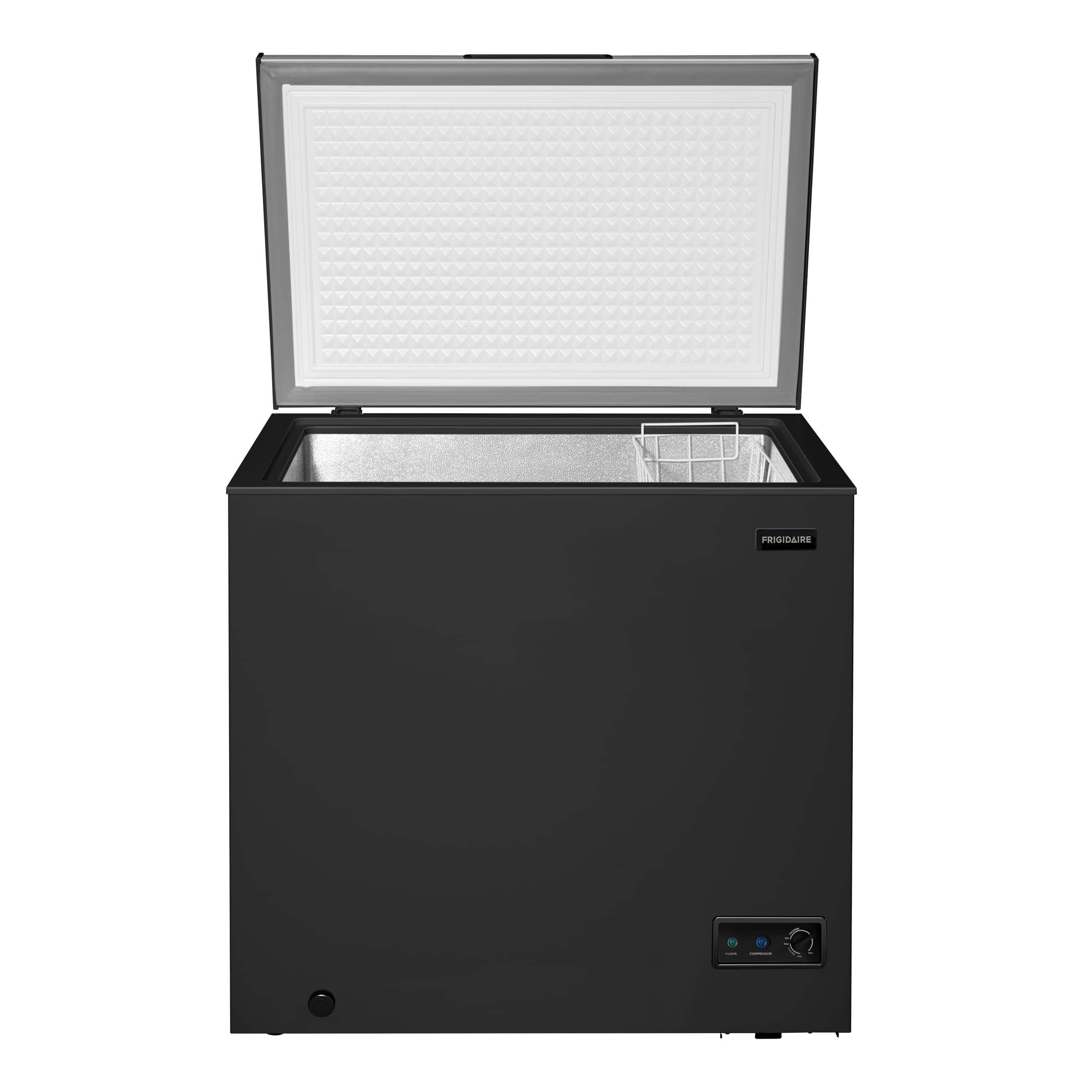 Frigidaire Chest Deep Freezer, 7 Cu. Ft, Black Adjustable Thermostat-Removable Vinyl Coated Wire Basket-Easy Defrost Drain, Eye-Catching Stainless Steel Top Door- Garage Ready on Fridge.com - View 3