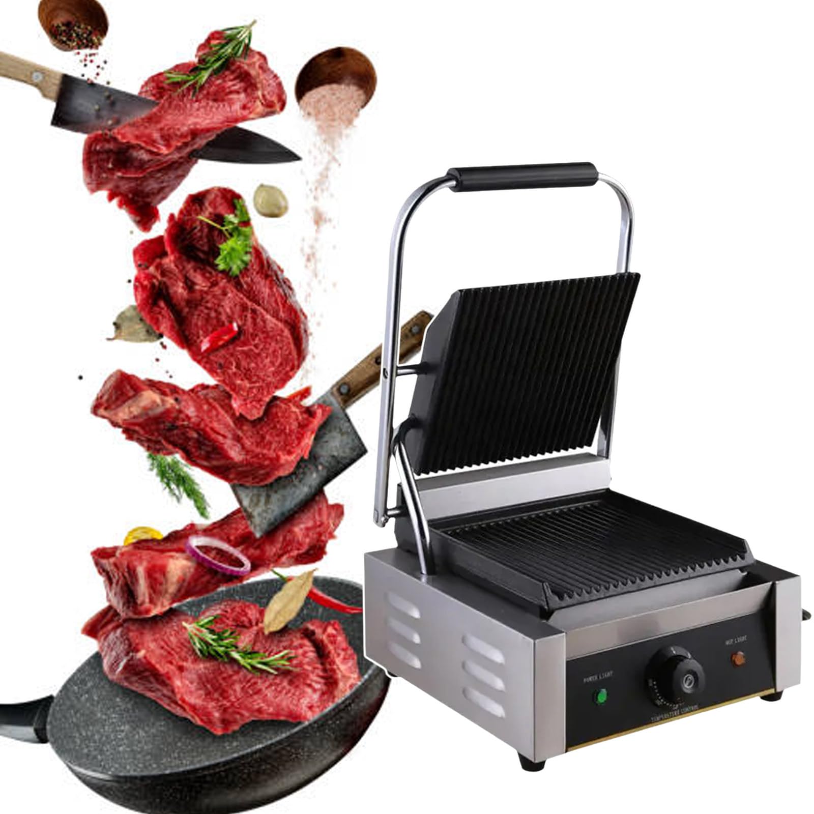 SENJINGHUA Commercial Panini Grill, 1800W Electric Sandwich Panini Maker, with Temp Control 122℉-572℉ & 9.4"X9" Heating Area, for Hamburger Steak Bacon,220V