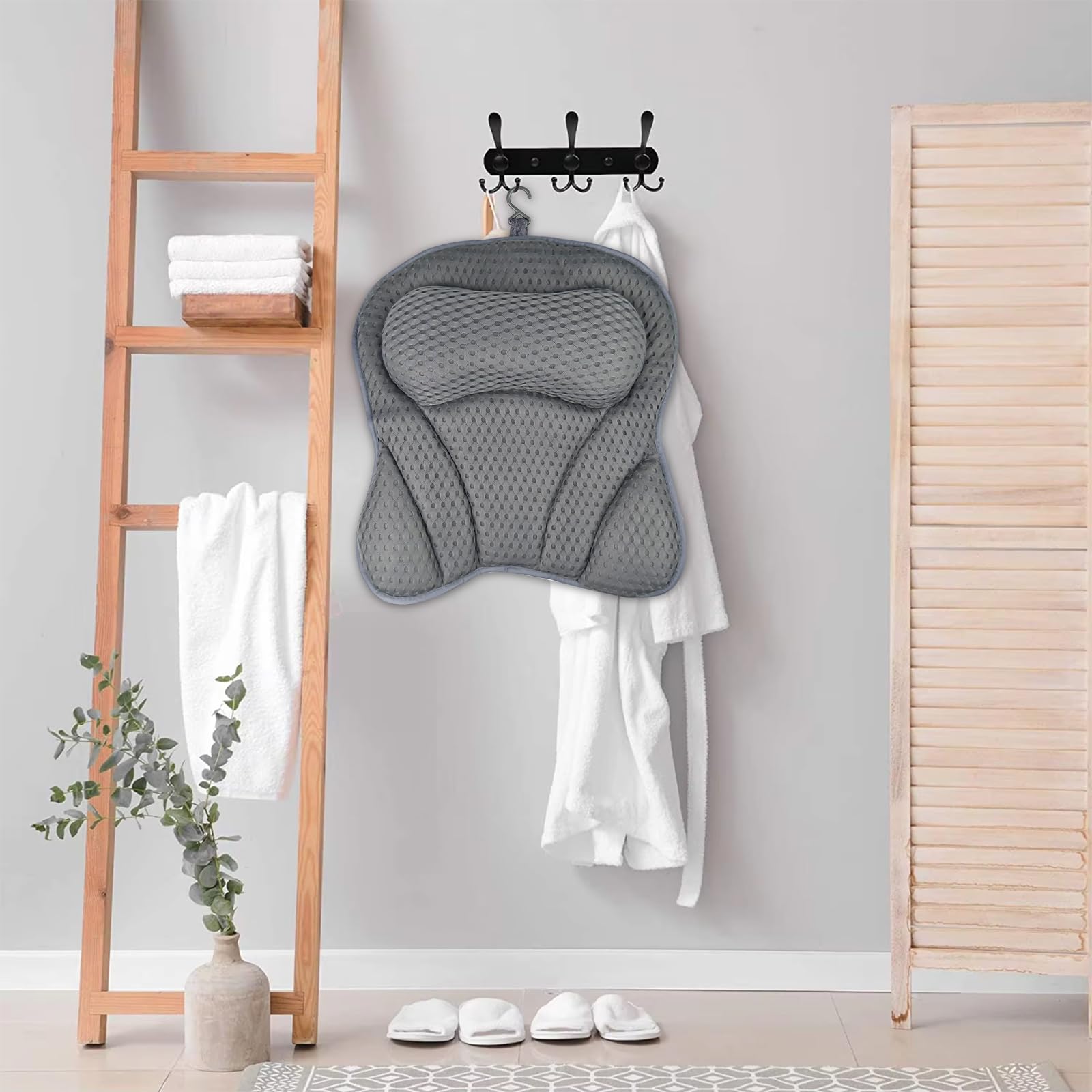 Chiluxendo Almohada Bañera, Cojin Bañera Antideslizantes, Bathtub Pillows, Almohada de Baño con Tecnología de Malla de Aire 4D y 6 Ventosas, Accesorios de Baño con Reposacabezas Ergonómicos (Gris)