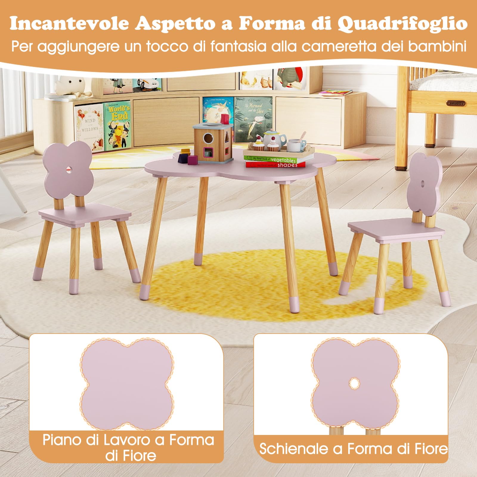 COSTWAY Set Tavolo per Bambini a Forma di Fiore, Tavolino e Sedia in Legno con 2 Sedie e Gambe in Legno di Pino Solido, Tavolino Bambini 3+ Anni per Disegno, Arte e Studio (Rosa)