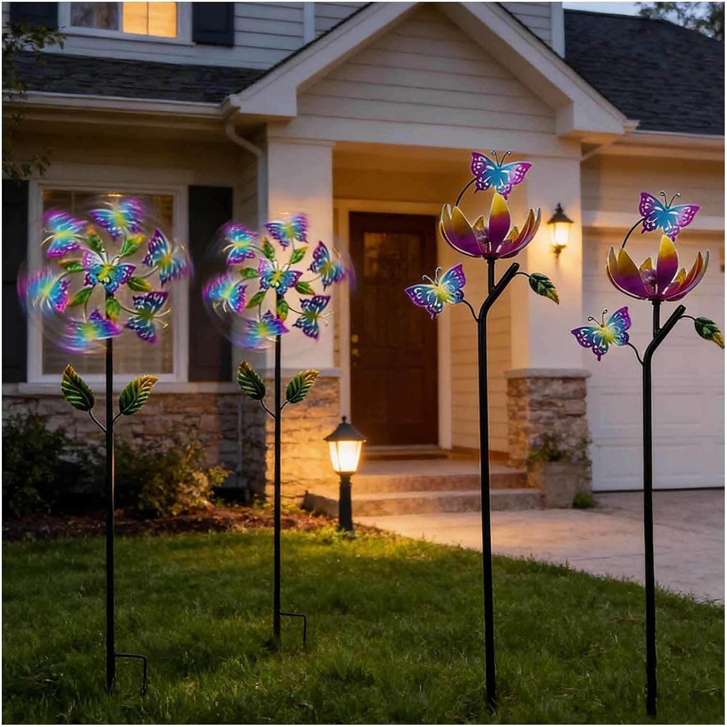 Butterfly Garden Wind Spinners, 46 inch/117cm Wind Yard Decorations 360° Metal Windmills, Wind Sculptures for Yard, Garden, Lawn Decor,A+B（4Packs）
