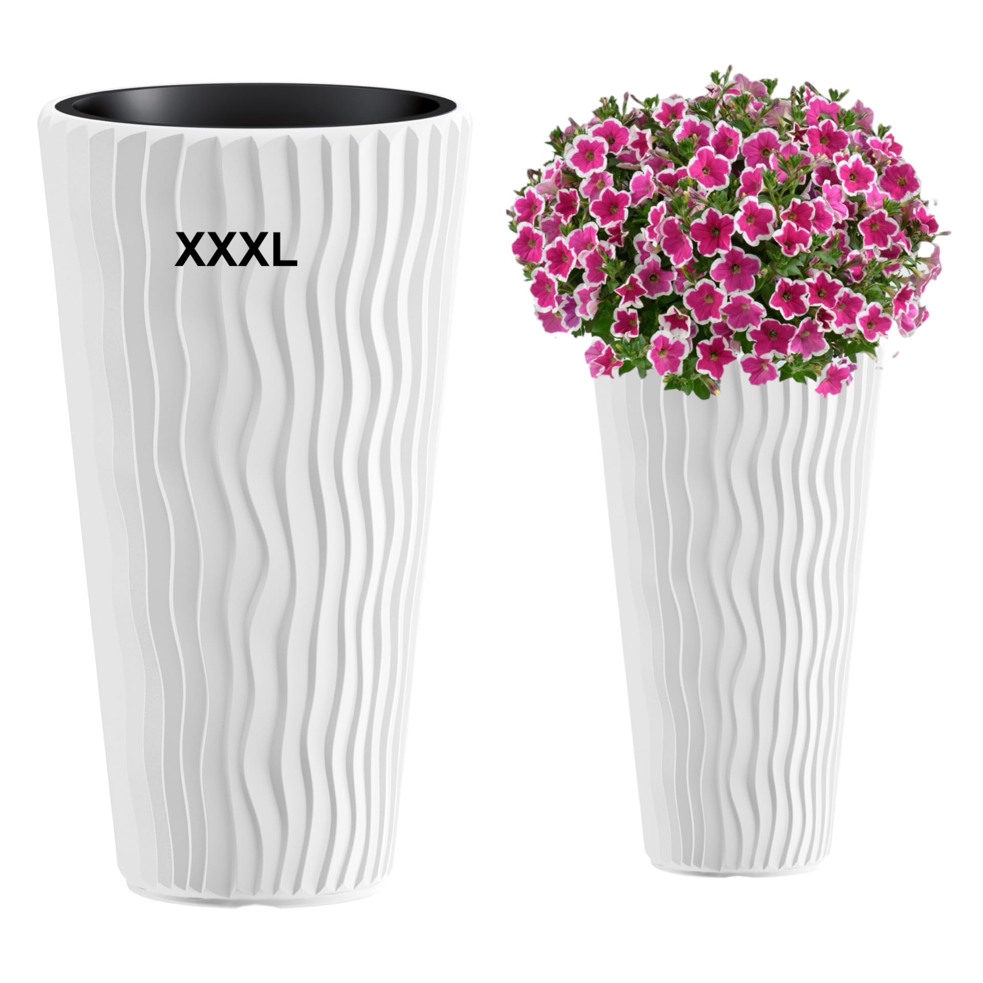 MELTOM Vaso per piante con effetto ondulato verticale, inserto rimovibile in plastica (Bianco, 3XL)
