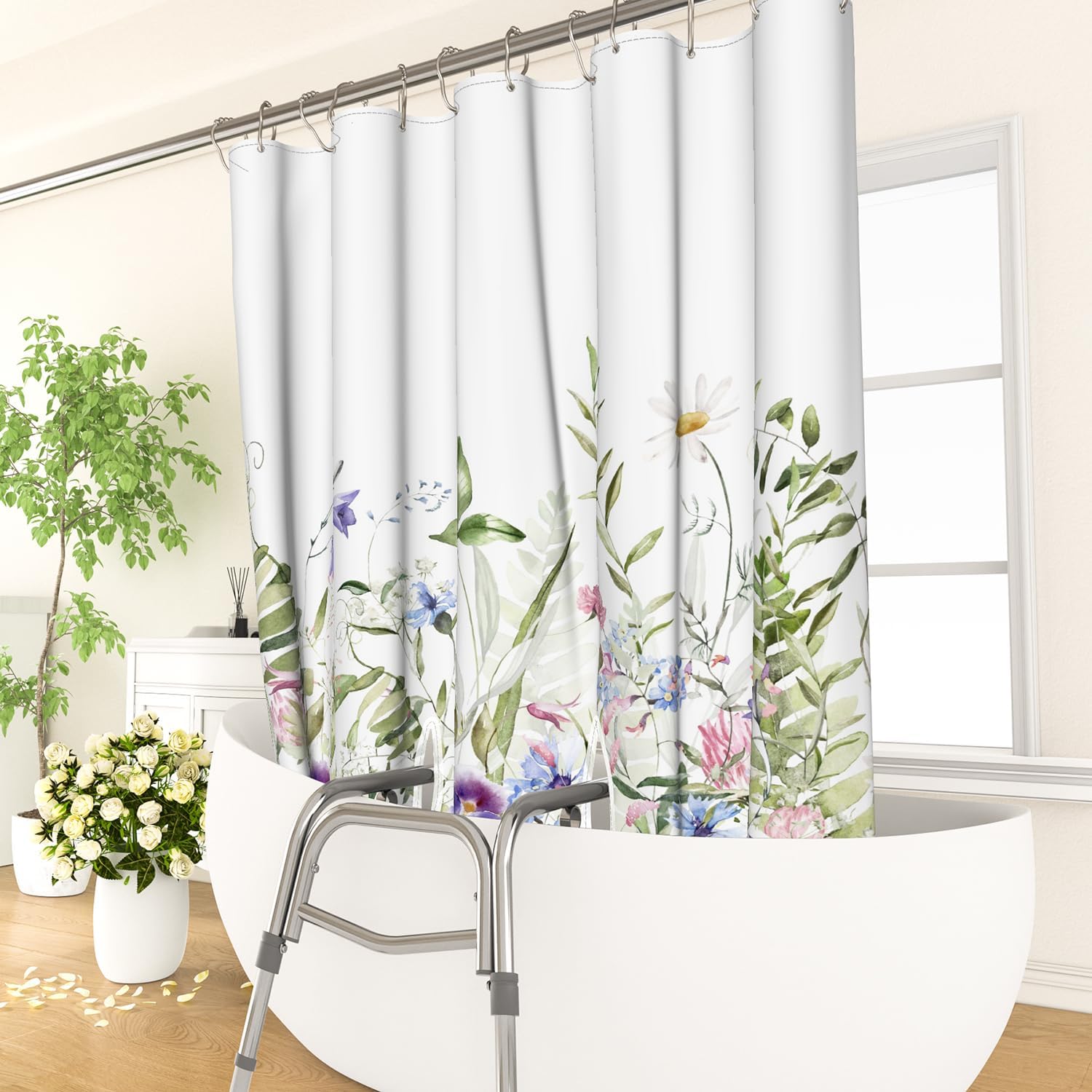 ChloropLastid Purple Floral Split Shower Curtain for Transfer Bench Watercolor Flower Leaves Wildflower Plant for Vintage Waterproof Fabric Bathroom Decor, 2 Vertical Slits Designed 72x72 inch