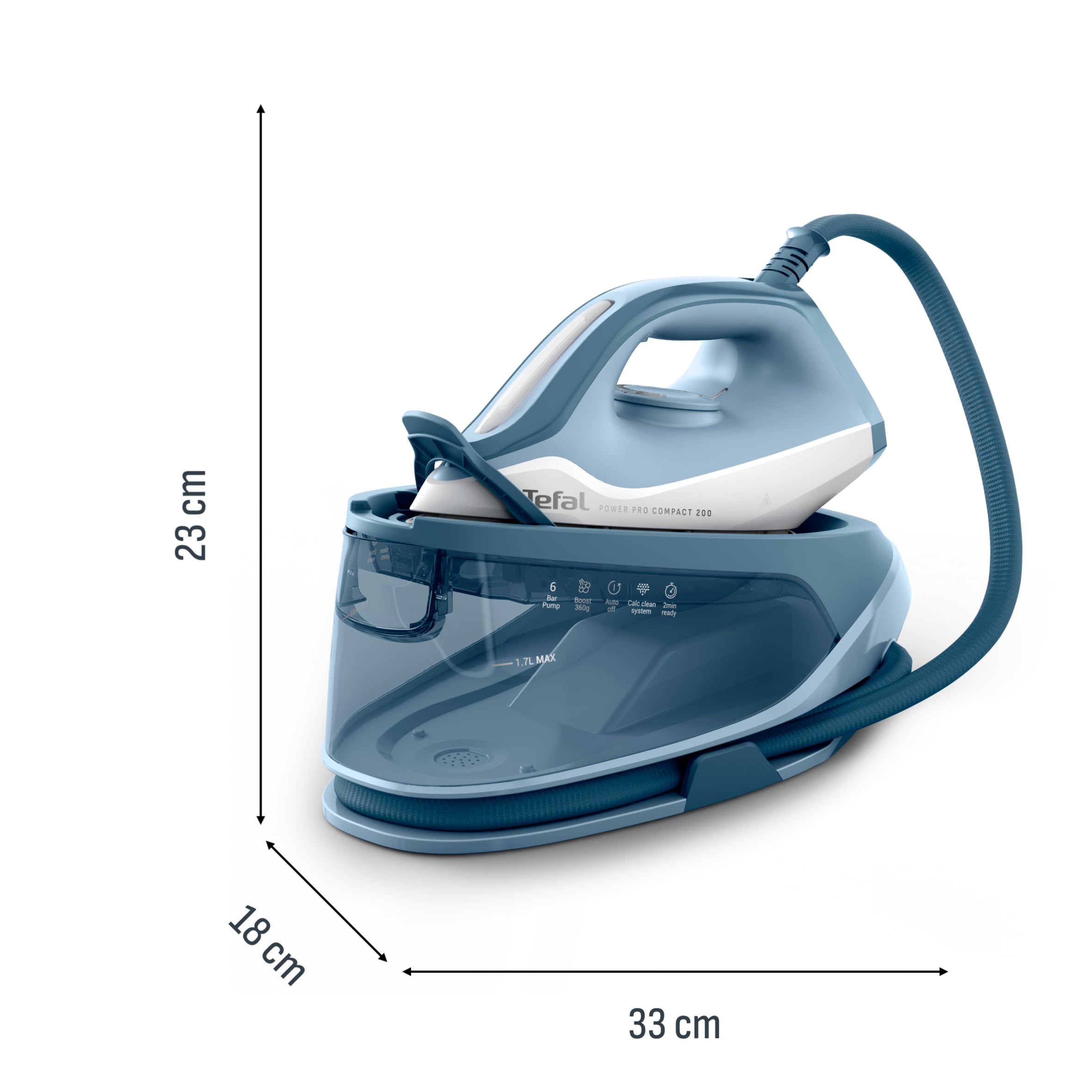 Tefal SV6210 Power Pro Compact 200 stacja parowa, 2400 W, lekka i kompaktowa, para 120 g/min, uderzenie pary 360 g/min, zbiornik na wodę 1,7 l, ceramiczna stopa, powłoka antywapienna, niebieski