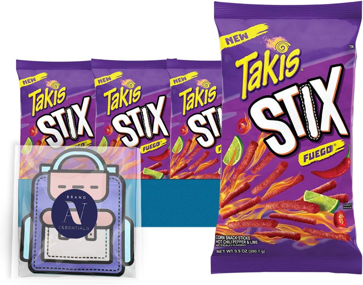 Takis - Lavinia Essentials Bundle: 4-Pack of Stix Fuego Sharing Size Bag, Hot Chili Pepper Rolled Tortilla Chips 9.9 oz Bag + 1 Utility Prop