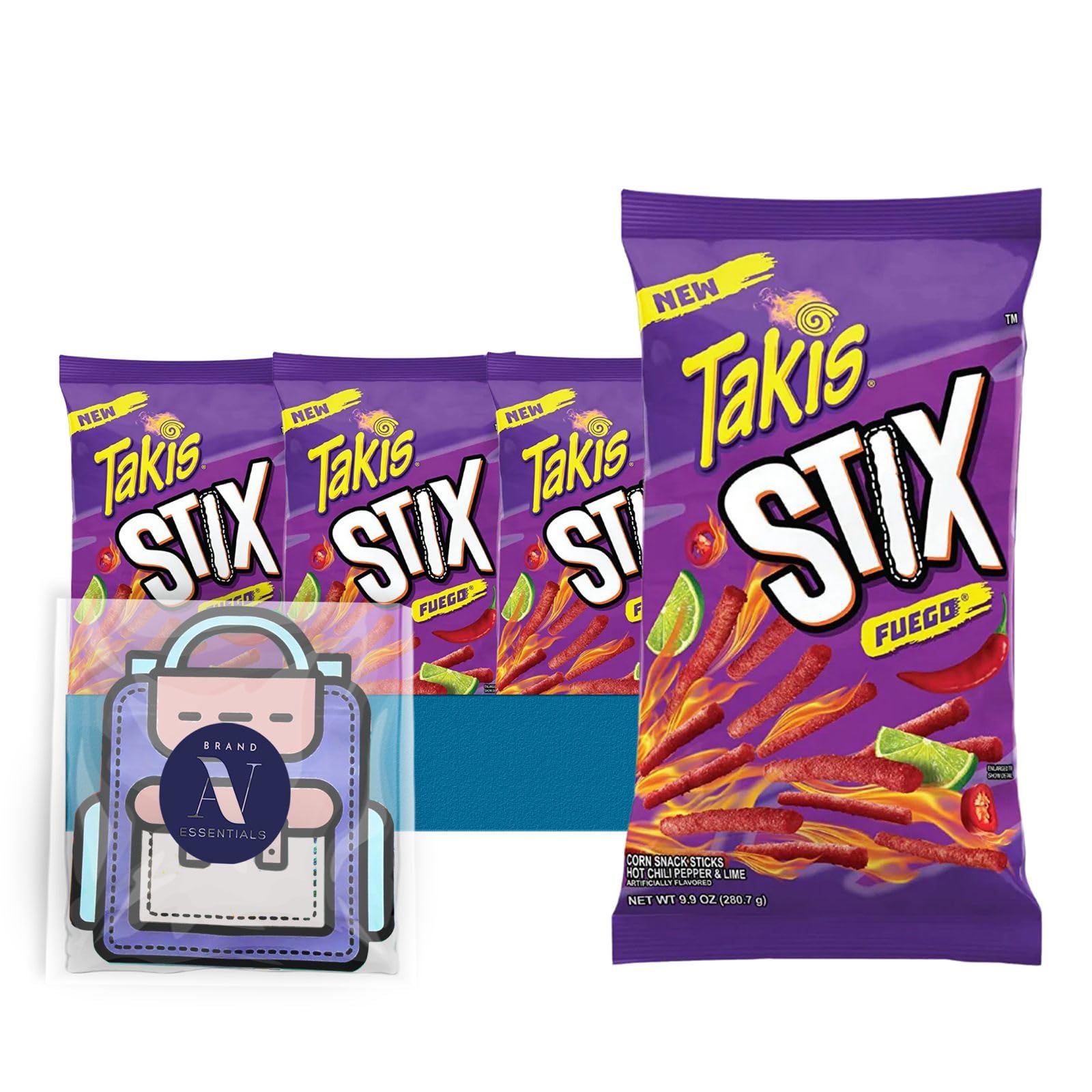Takis - Lavinia Essentials Bundle: 4-Pack of Stix Flare Sharing Size Bag, Hot Chili Pepper Rolled Tortilla Chips 9.9 oz Bag + 1 Utility Prop