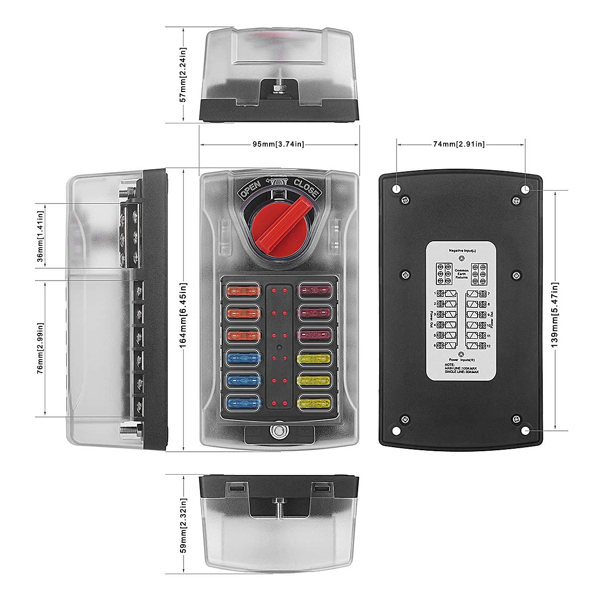 Boîte à fusibles 12 V pour voiture - 12 compartiments - Avec affichage LED - Couvercle de protection et 12 fusibles standard pour voiture, bateau, RV, Van, Suv, camion