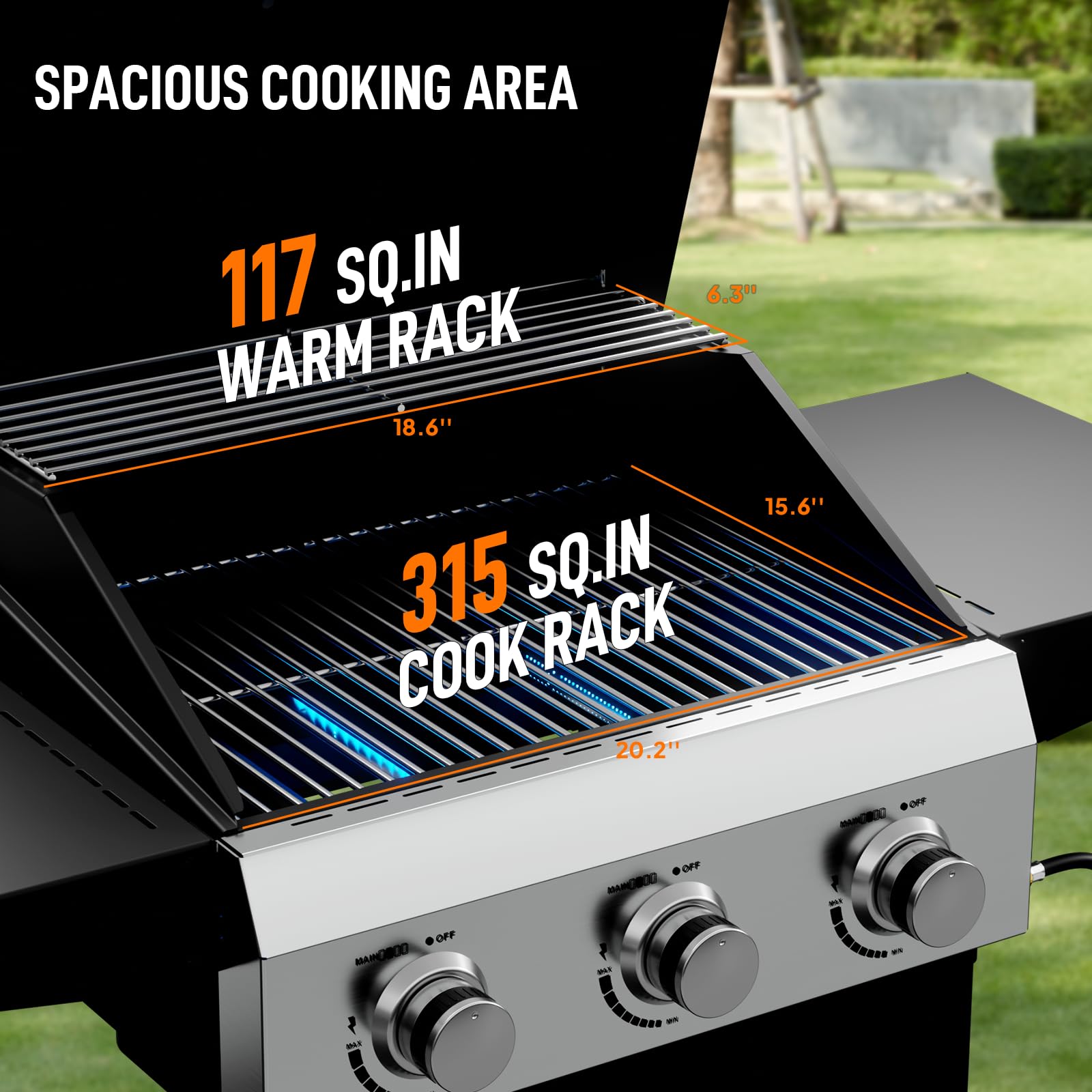 ROVSUN 10,5 KW Gasgrill mit 3 Brennern Gas Grill Camping Mobil mit 432 Quadratzoll Grillfläche, Camping Gasgrill Deckel Klappbare Seitenablagen 117x40x140 cm