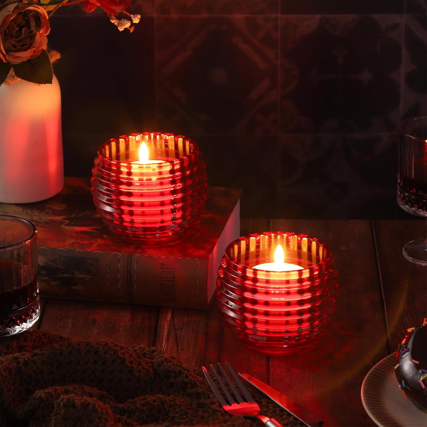 2 Pack Red Glass Votive Candle Holders for Home Decor Round Bubble Tea Light Holder for Valentine’s Day Table Centerpiece Wedding