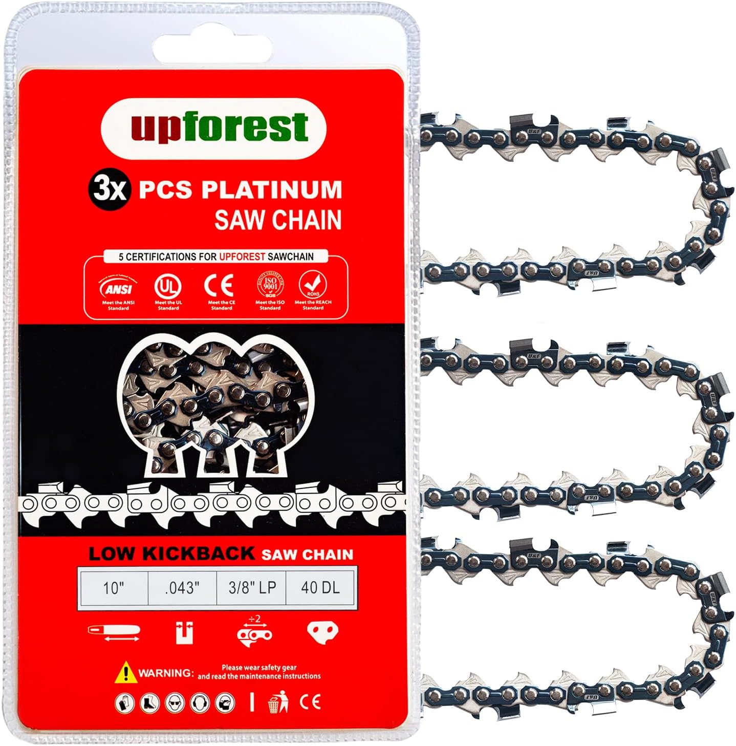 10 Inch Chainsaw Chain 3/8"LP Pitch-.043" Gauge 40 Drive Links Fits Milwaukee M18 FUEL Pole Saw, Ryobi P546, Worx WG322, LCS1020, CMCCS610D1 - R40 (3 Chains)(90EOP40X3)