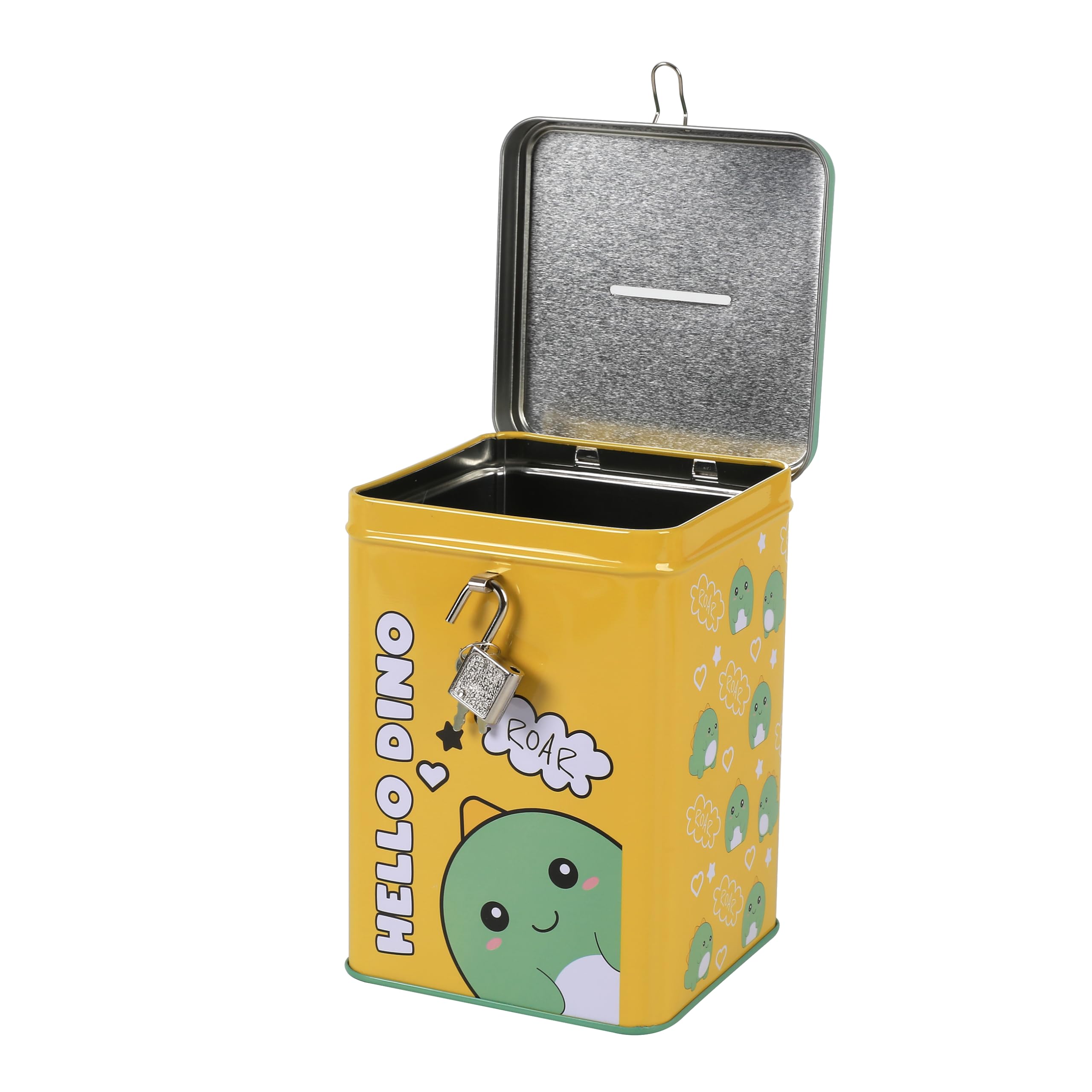 I-TOTAL® - Fun MONEY BANK with padlock and keys/Metal Money Bank with closure (HELLO DINO) - Image 3