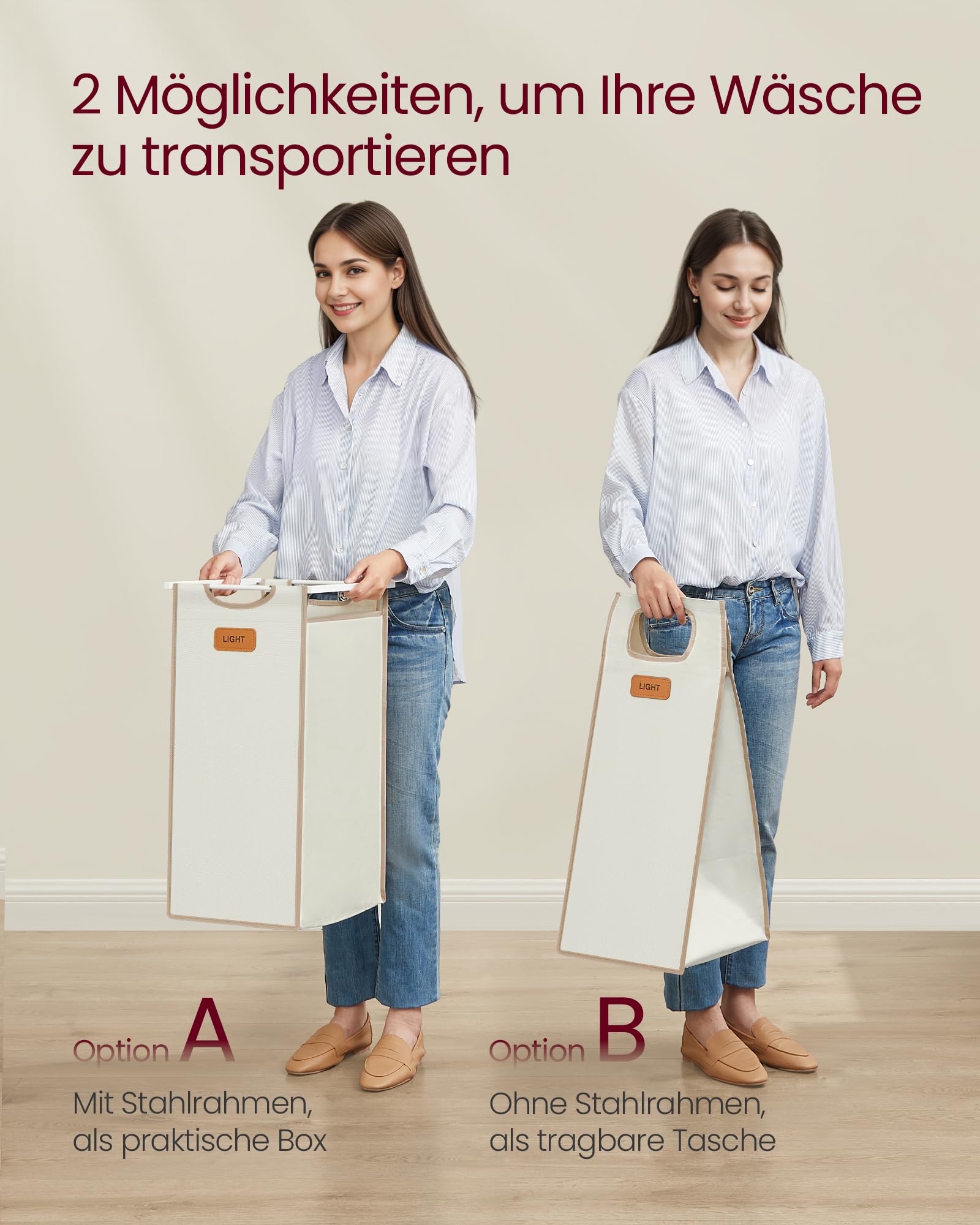 VASAGLE Wäschekorb, Wäschesammler, Wäschesortierer, Rollen, Wäschewagen mit Ablage, kleine seitliche Taschen, 6 Etiketten, 4 Fächer, 150 L, naturbeige-kamelbraun-cremeweiß BLH203N01