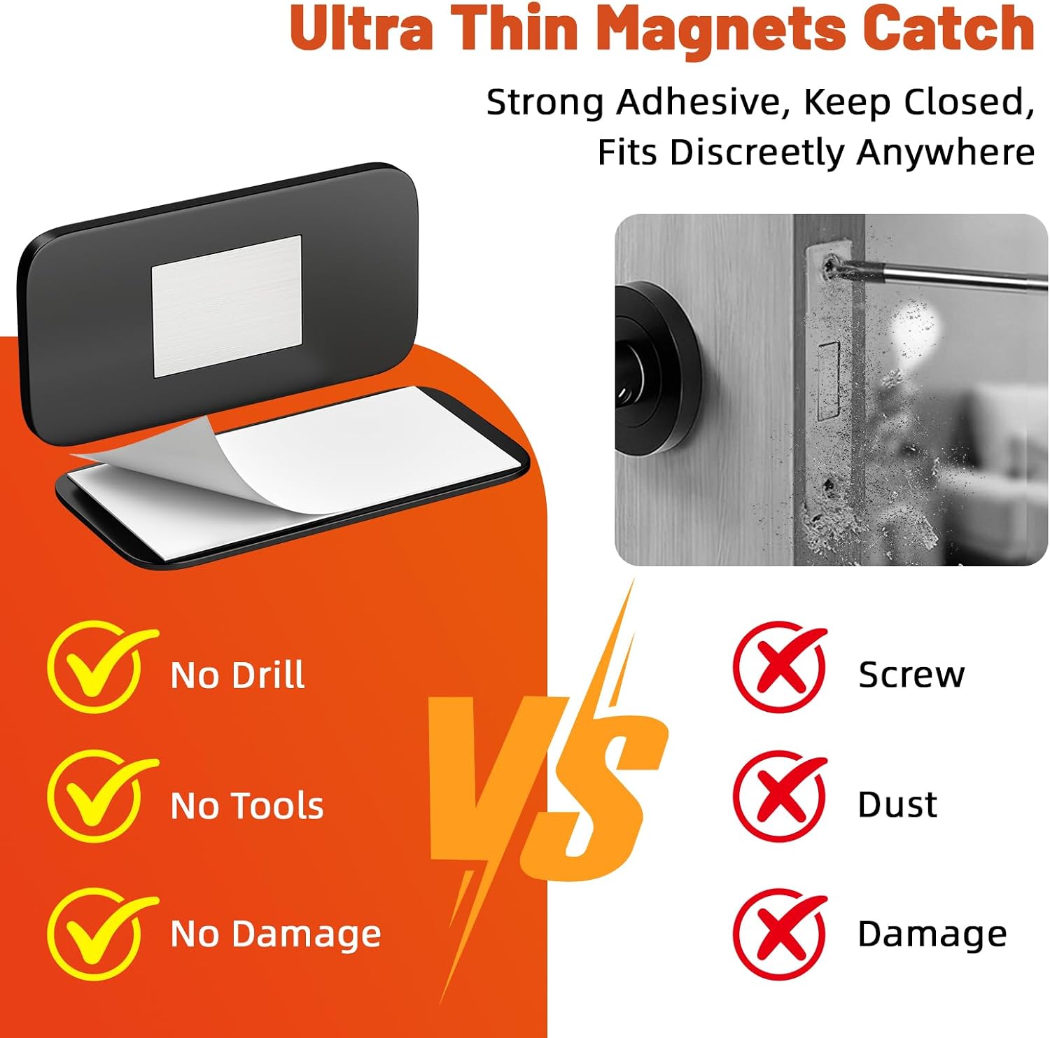 No Drill Cabinet Magnetic Catch Jiayi Ultra Thin Cabinet Door Magnet | 6 Pack, Adhesive for Quiet Closure, Black Invisible Drawer Magnets Latch for Bathroom Vanities, Desks, Closets, French Doors