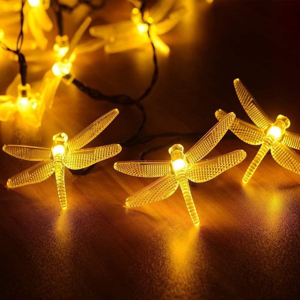 Guirnalda de luces de hadas con forma de libélulas, 10 m, 100 LED, con enchufe, ideal para interiores y exteriores, dormitorios, jardines, escritorios (Blanco cálido)