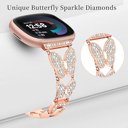 Miniatura 3 de HAYONLIY Correas brillantes compatibles con Fitbit Versa 43, Fitbit Sense 2Sense, joyería de mariposa, diamantes de imitación, pulsera de metal,