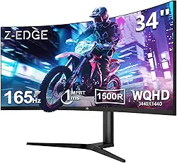 Monitor curvo ultrawide para jogos Z-Edge de 34 polegadas, 165 Hz, 1 ms MPRT, 21:9, 3440x1440 WQHD R1500, tela curva, inclinação/giro/altura ajustáveis, FreeSync, DP (165 Hz), HDMI (100 Hz)