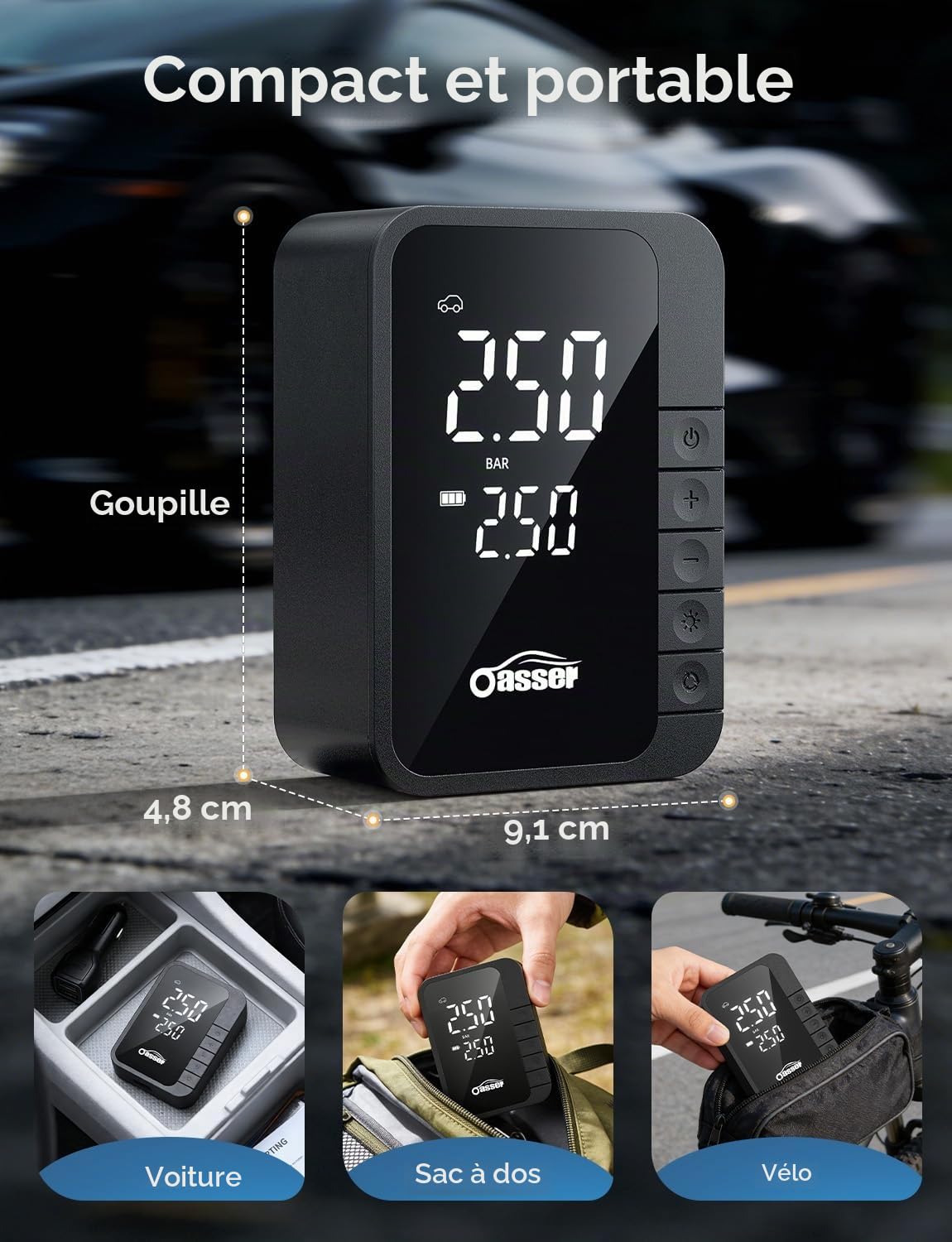 Oasser Gonfleur Pneus Voiture sans Fil 6000mAh Mini Compresseur à Air Portatif 150 PSI (10,3 Bar) Inflation Rapide Cylindre 19 mm Type-C USB Charge avec Tuyau de 30 cm et Sac de Rangement