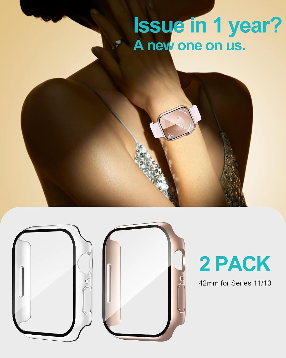 Smiling 2 Pack Case Compatible with Apple Watch Series 11 (2025)/10 42mm with Tempered Glass Screen Protector, Hard PC Case Overall Protective Cover- 1 Rose Gold + 1 Transparent