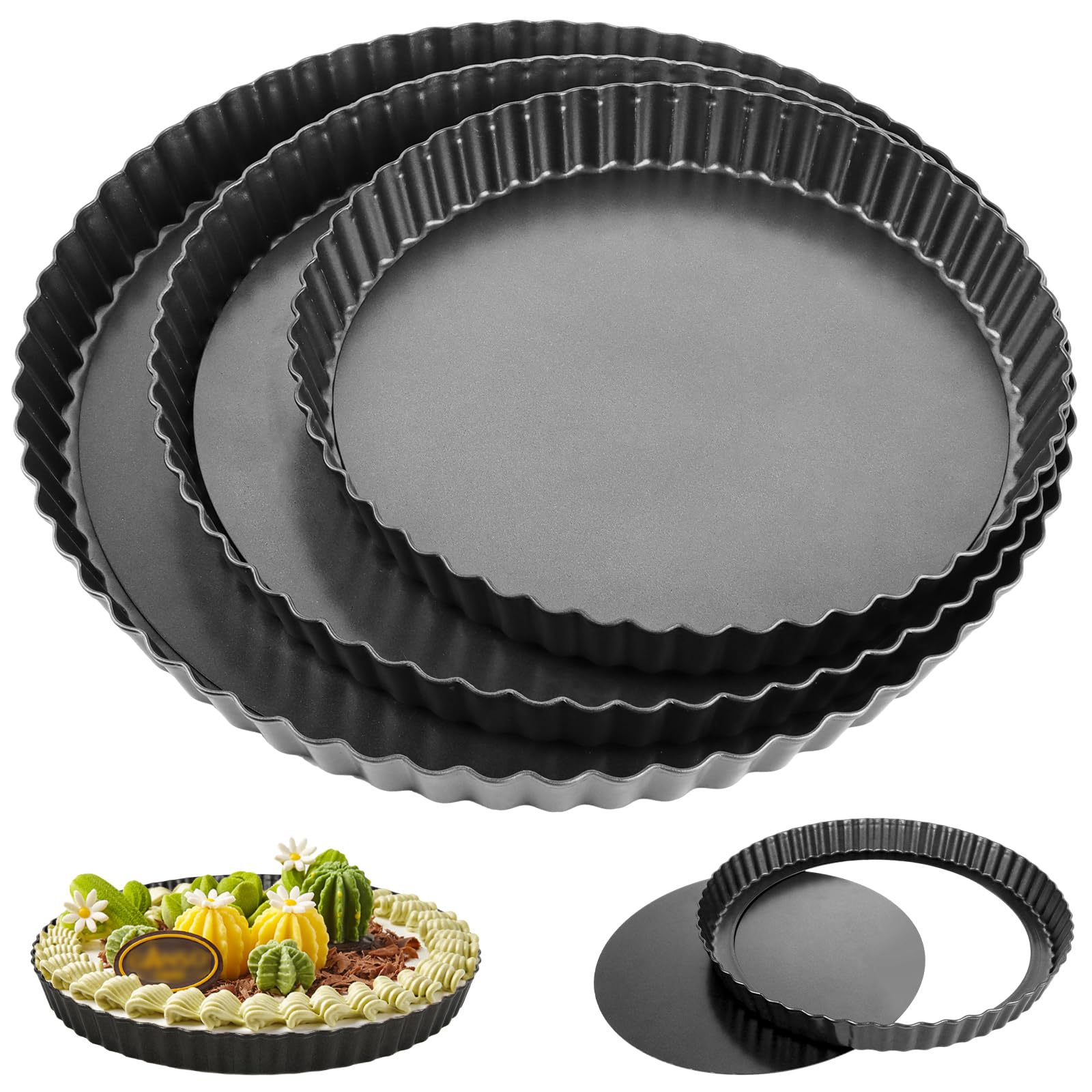 3 Pièces Moule A Tarte Fond Amovible 22 26 30 cm, Plat A Tarte et Plat A Quiche Noir en Acier Carbone, Moule Cannelé pour Pizza et Dessert Maison