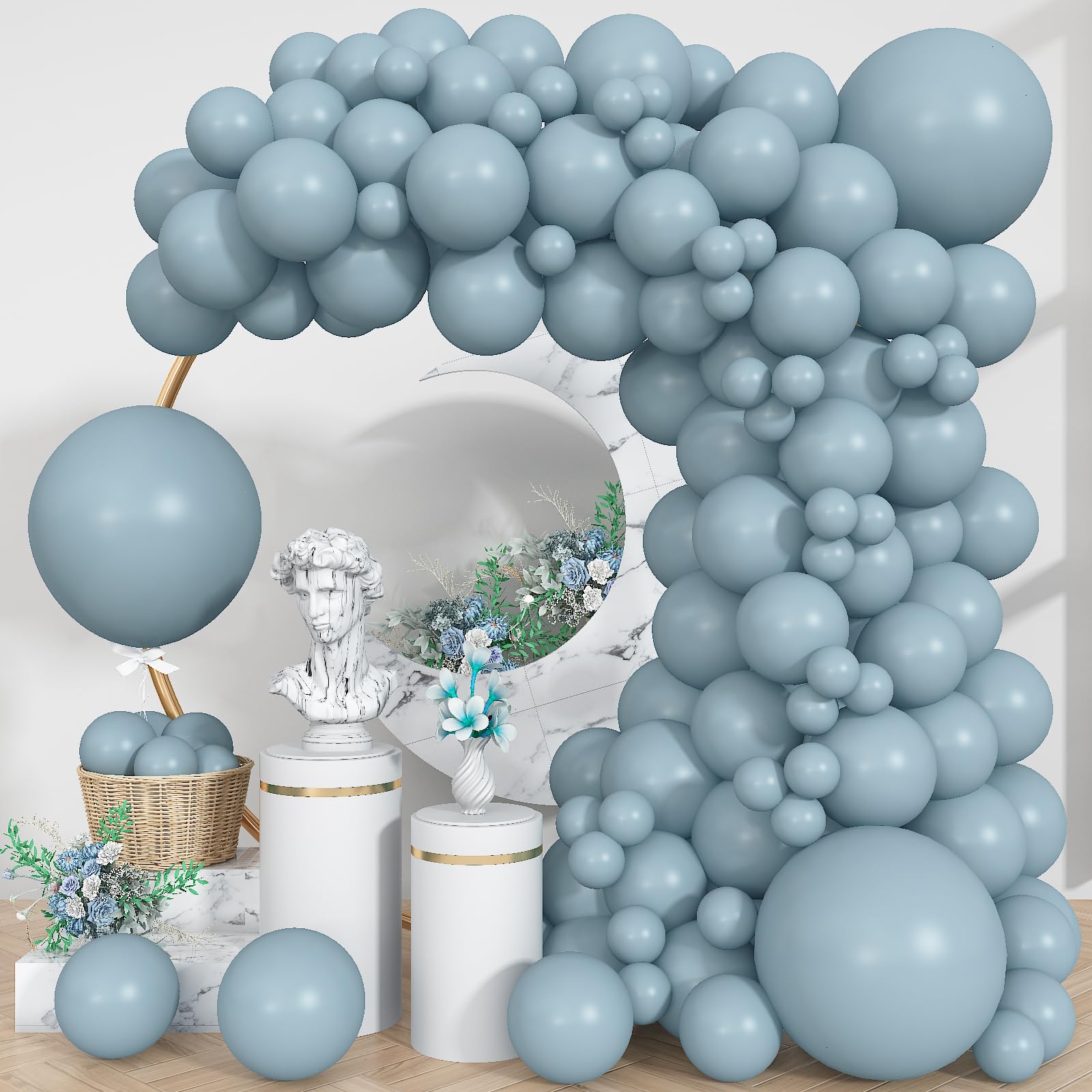 Blue Balloons, 113Pcs Different Sizes Pale Aqua Blue Balloon Arch Garland Kit 18/12/10/5 Inch, Matte Retro Powder Light blue Latex Helium Balloon for Birthday Boho Baby Boys Shower Party Decorations