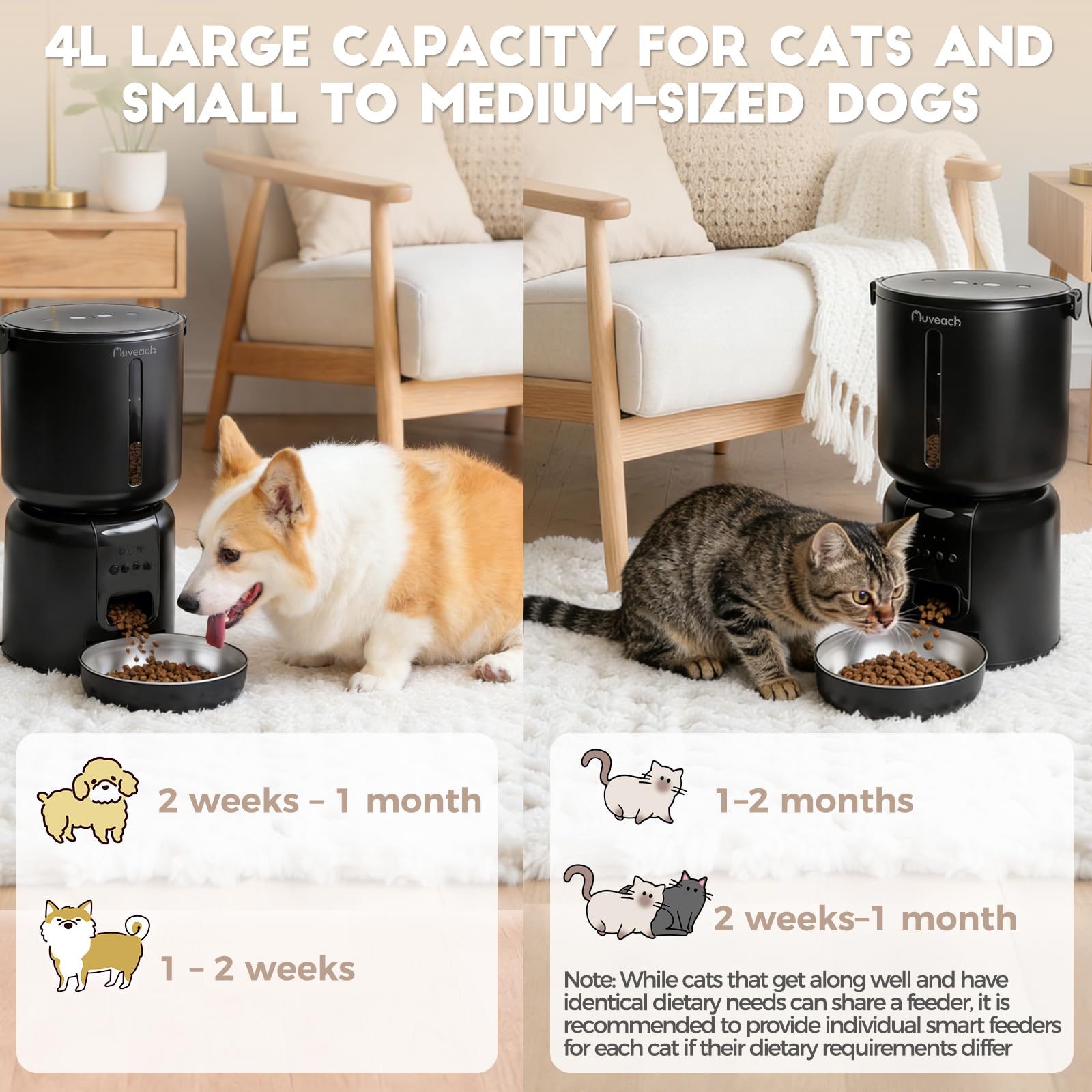 Comedero Gato Automatico y Fuente para Gatos Set - 4L WiFi 2.4G Dispensador de Comida para Gatos Perros con Temporizador Programable, 1-10 Comidas al Día, Cuenco de Acero Inoxidable (Negro)
