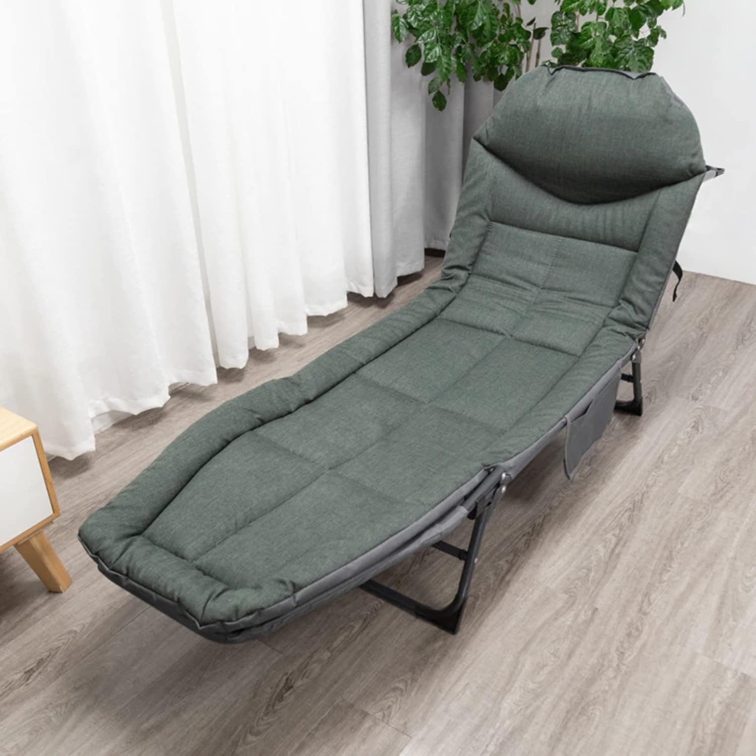 Hukimoyo Folding Bed Single for Adults 5 Levels Adjustable Recliner Folding Chair for Home Relax Recliner Chairs for Home Relax Reclining Bed with Side Pockets for Travelling Balcony Upto 150KG-Green