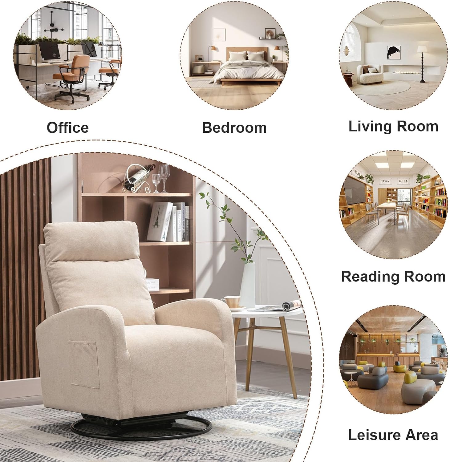 Swivel Rocking Chair，Nursery Swivel Glide Armchair Linden Fabric Upholstered Modern Rocking Chairs with High Backrest for Nursery, Bedroom, Living Room（Beige