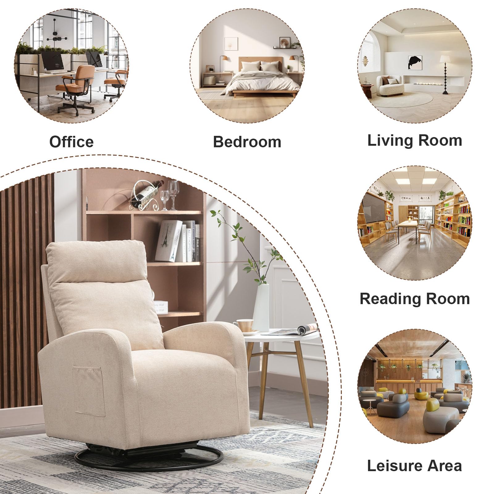 LUCKHAO Mecedora giratoria, sillón giratorio de deslizamiento para guardería, tapizado de tela de tilo, sillas mecedoras modernas con respaldo alto para guardería, dormitorio, sala de estar (beige)