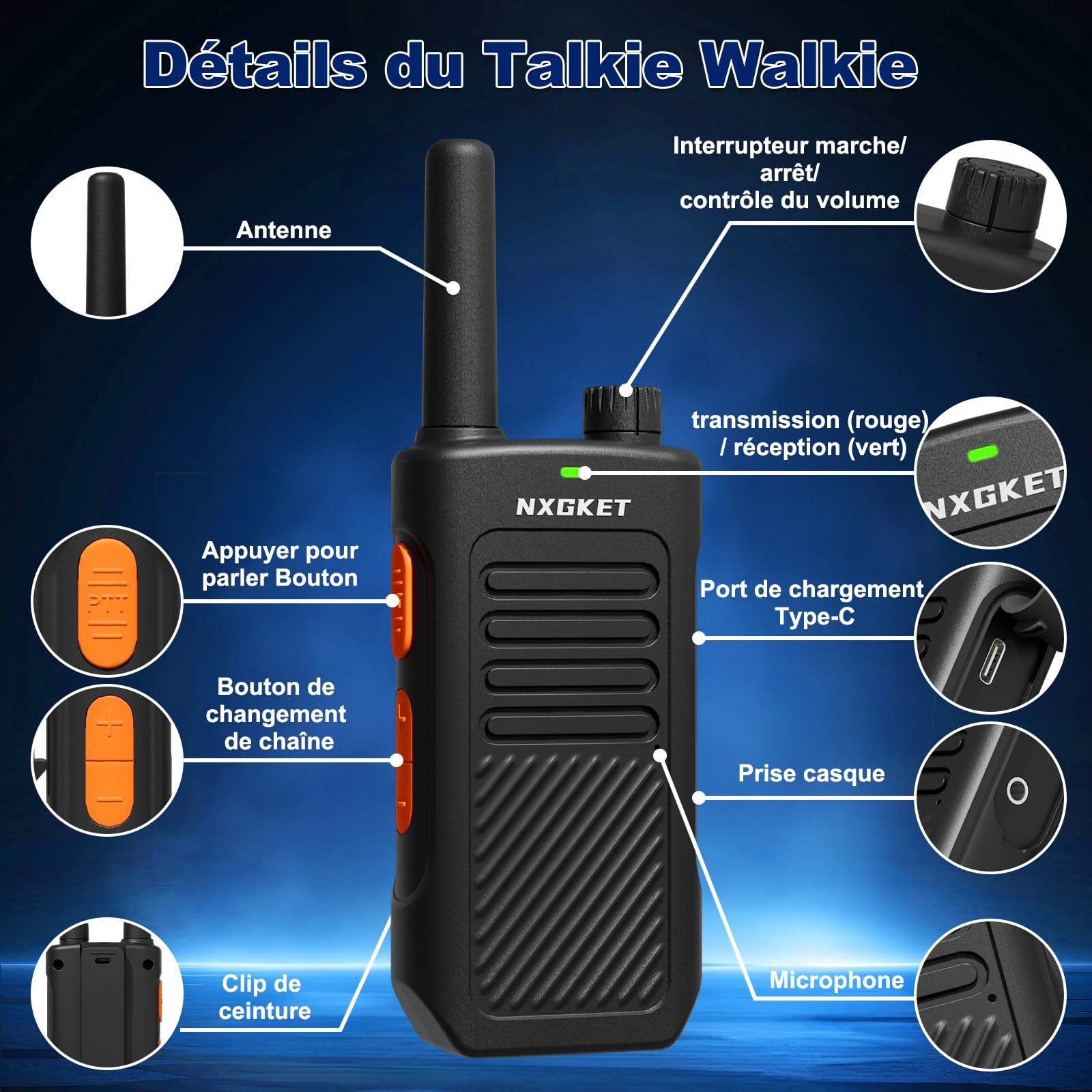 Talkies Walkie Longue Portée pour Adultes, PMR446 Talkie-Walkie Professionnels avec Batteries Rechargeables 1500 mAh, Licence 16 Canaux, Radio Bidirectionnelle, Chargement USB-C
