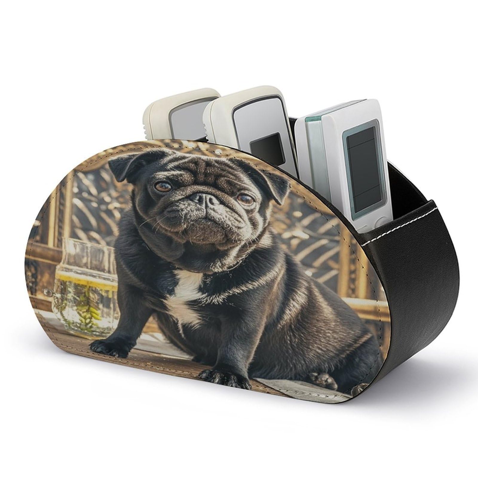 LZQPOEAS Cute Black Pug Dog Remote Control Holder with 5 Compartments PU Leather Remote Organizer Box Caddy for Table Nightstand Remote Caddy Desktop Organizer Fits Media Controllers