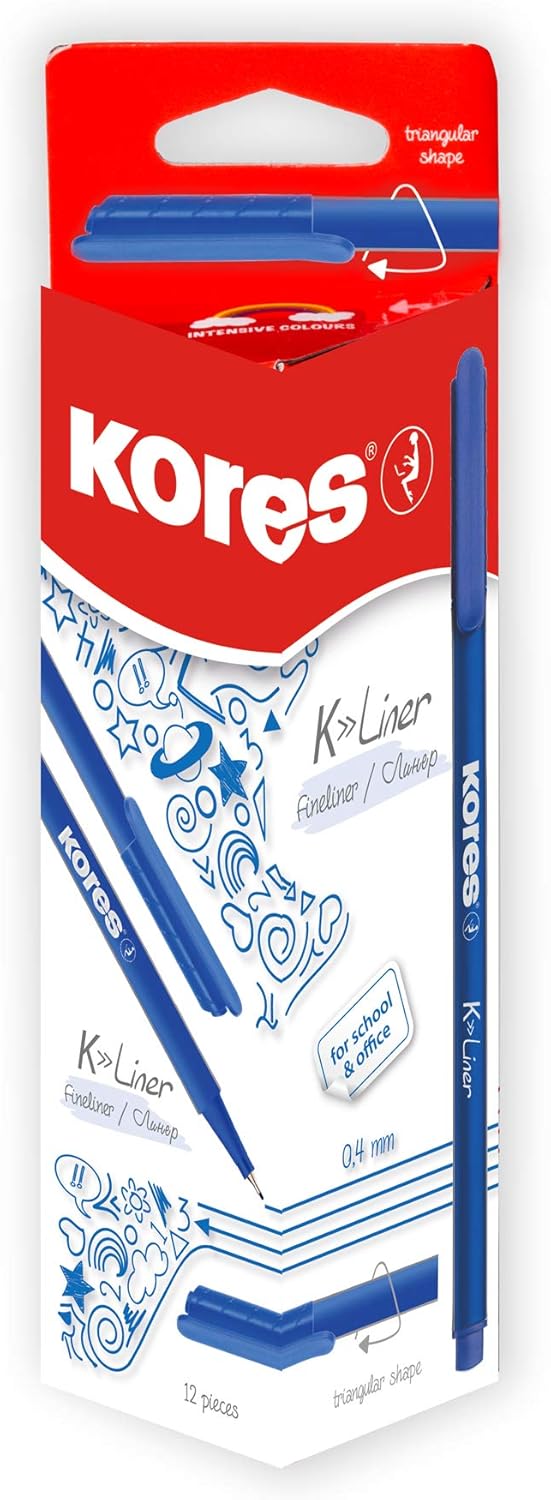 Kores - K-Liner - Blue Fineliners - 0.4mm - Colouring, Fineliner Marker Pens, Art Pens, Journaling Supplies, University Essentials, School Supplies - Pack of 12