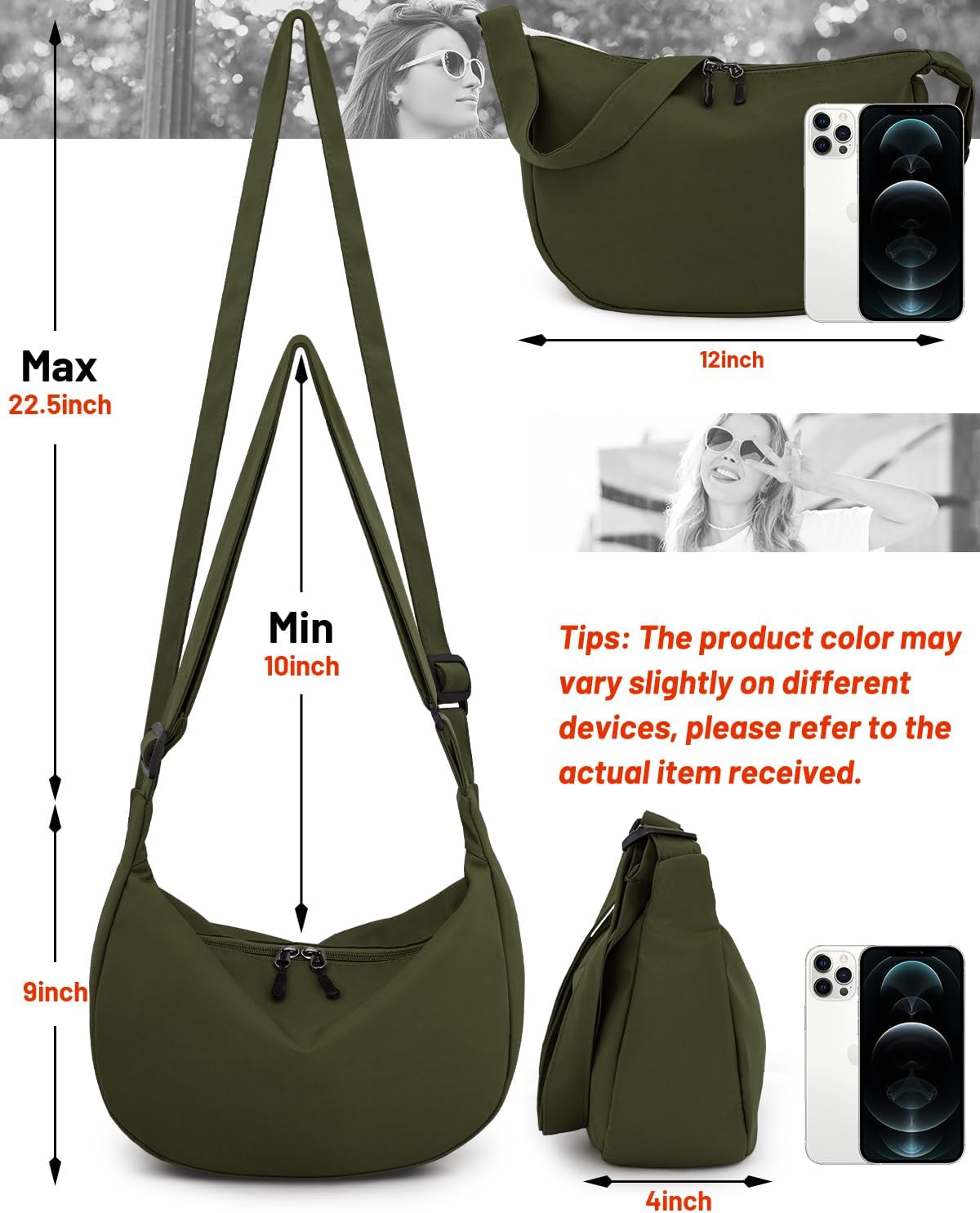 Crossbody Sling Bag for Women Men Trendy, Crescent Bag with Adjustable Strap, 2 Zippers Lightweight - Image 3