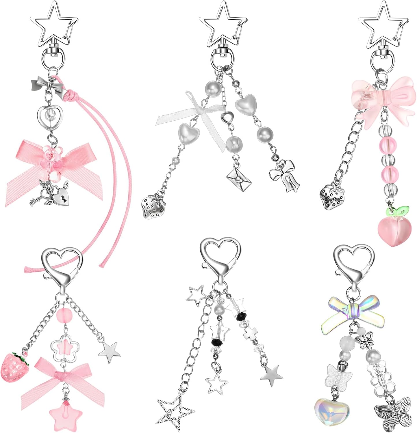 Sureio 6 Pcs Aesthetic Keychains Cute Keychain with Tether Tag for Backpacks Keys Bags Purse