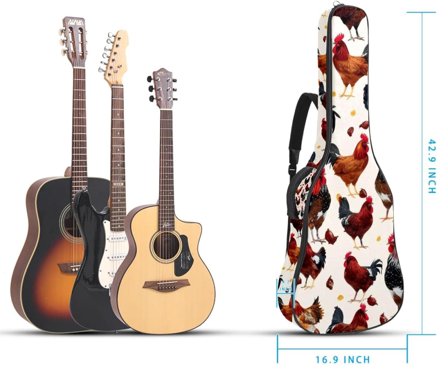 Acoustic Guitar Gig Bag 1 cm Thick Padding, Waterproof Electric Guitar Bag 40-42 Inch Guitar Case Backpack with Dual Shoulder Strap, Chickens and Roosters on White Background