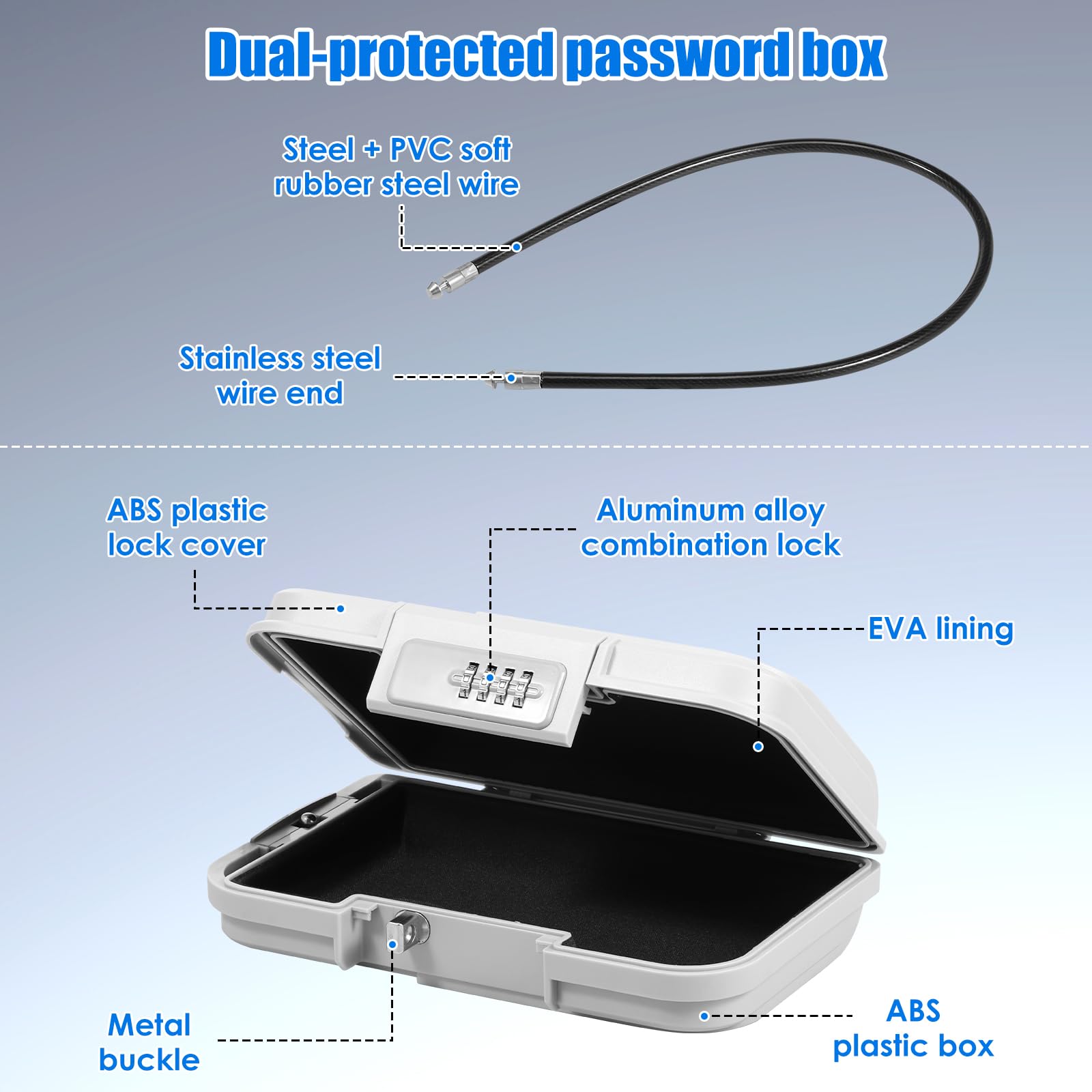 Caja fuerte portátil impermeable con cerradura de combinación de 4 dígitos, resistente a los cortes, resistente a los golpes, con cuerda de alambre extraíble de 7 mm de grosor, caja de seguridad para