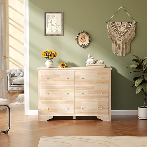 Miniatura 17 de VINGLI Cómoda de 6 cajones sin terminar, cómoda de madera maciza natural, cómoda rústica mejorada con amplias cajoneras de almacenamiento con