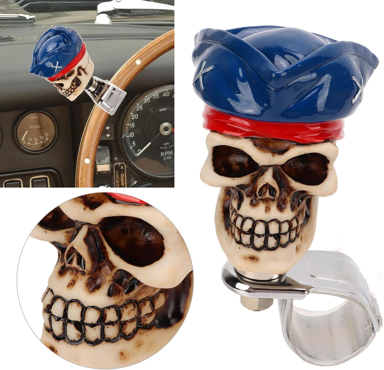 Skull Shaped Steering Wheel Spinner 3cm Knob Augmenter for Cars Trucks Tractors Boats, Metal and Material, Unique, Increases Torsion and Reduces Turning Radius